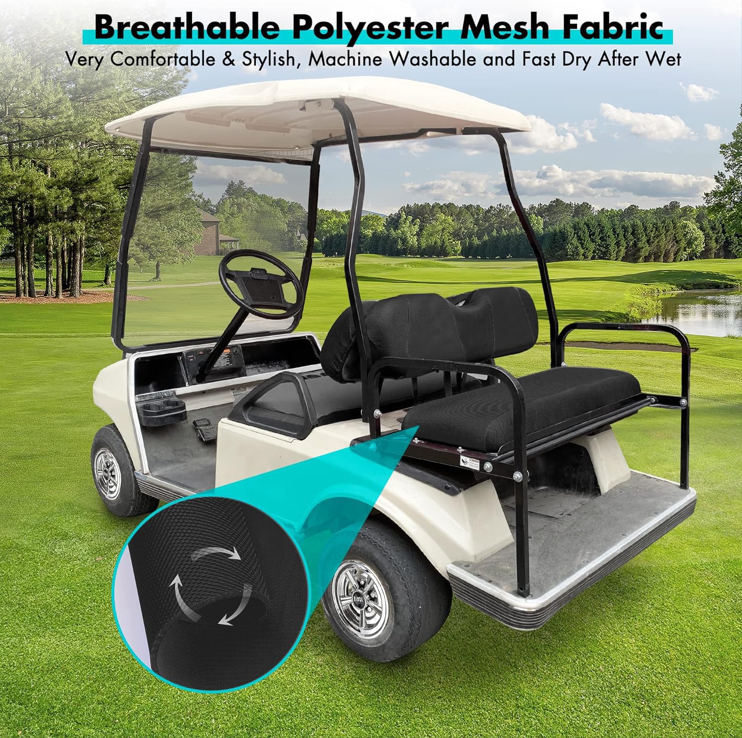 Breathable Washable Golf Cart Seat Covers for EZGO TXT RXV & Club Car DS 4 Passenger Models - Front & Rear Air Mesh Polyester Fabric - Perfect for Golf Courses, Resorts & Outdoor Adventures