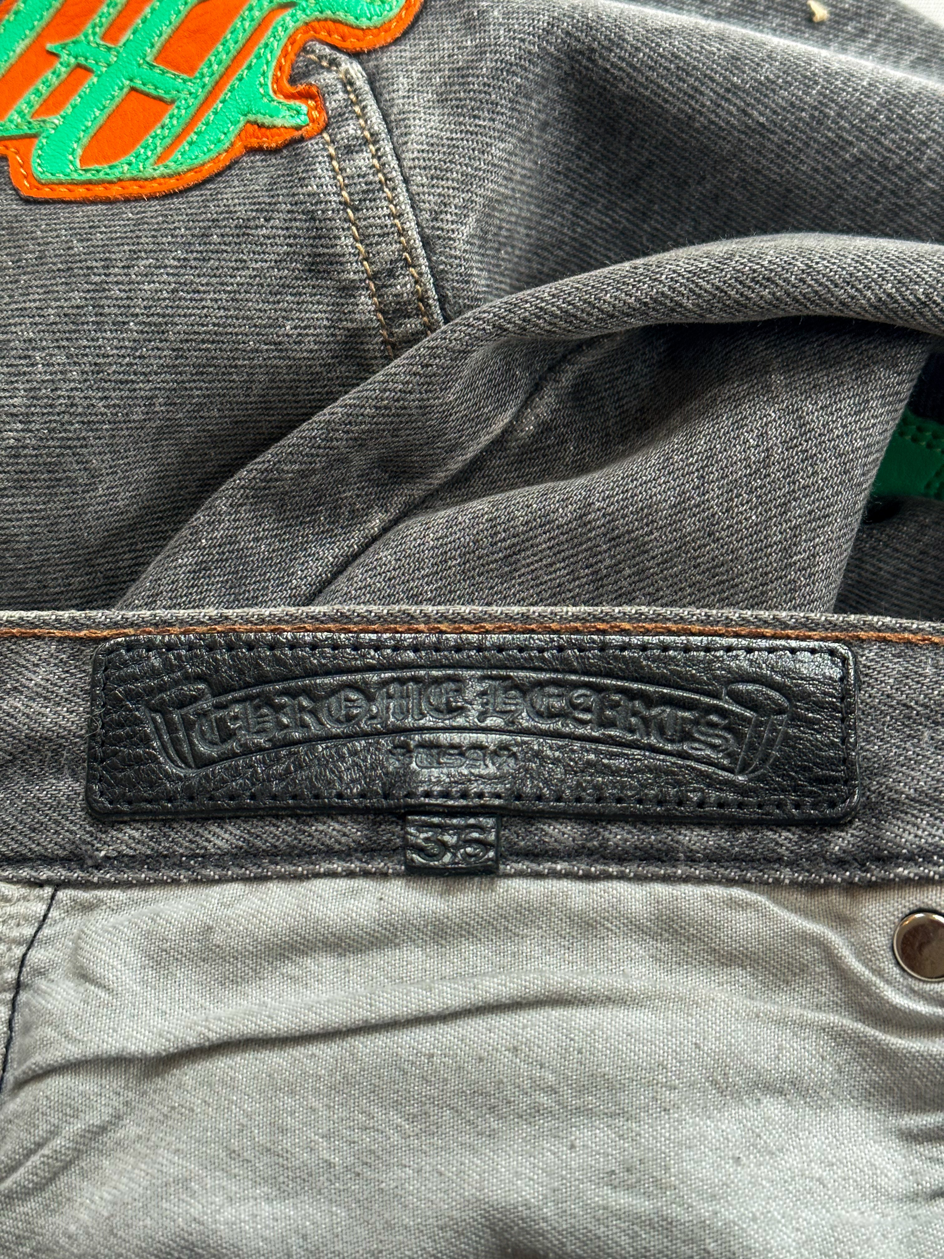 Chrome Hearts x Levi's Miami Patch Jeans - Grey, Green & Orange Distressed Denim for Men | Vintage Style Streetwear & Casual Outfits