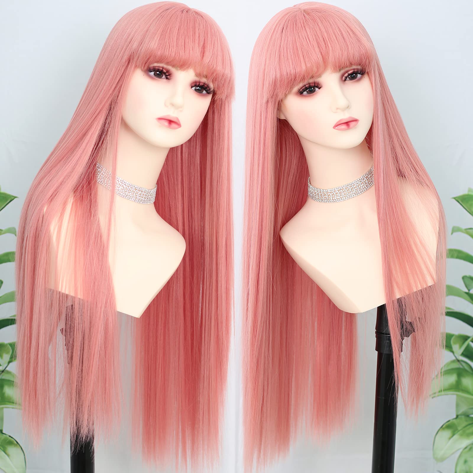 Zero Two Pink Cosplay Wig with Bangs - 24 Inch Light Straight Synthetic Heat Resistant Hair for Anime Costume, Halloween Party & Egirl Fashion (Perfect for White Women)