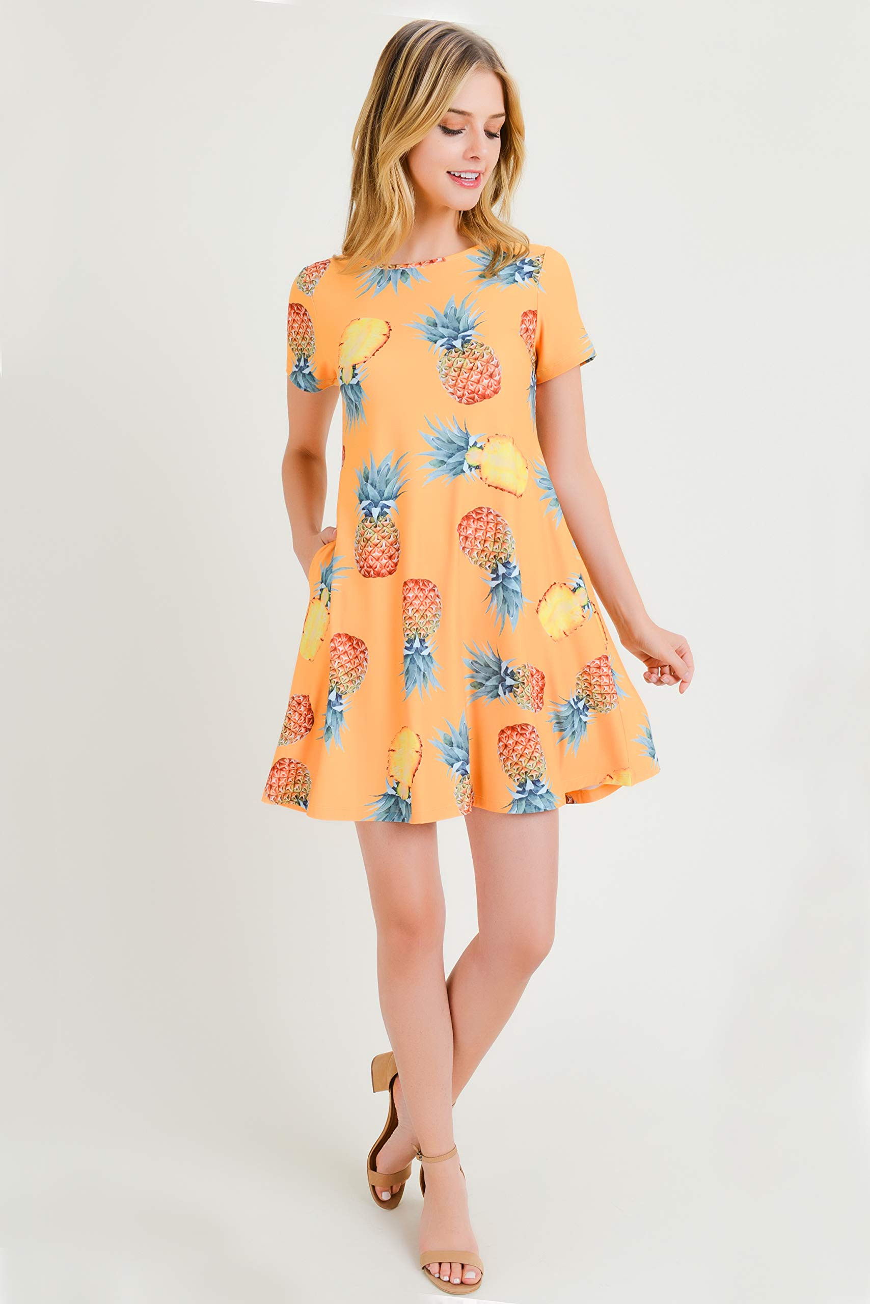ICONOFLASH Women's Floral Print Casual Summer Dress with Pockets - Short Sleeve Comfortable A-Line Dress for Beach, Vacation & Daily Wear