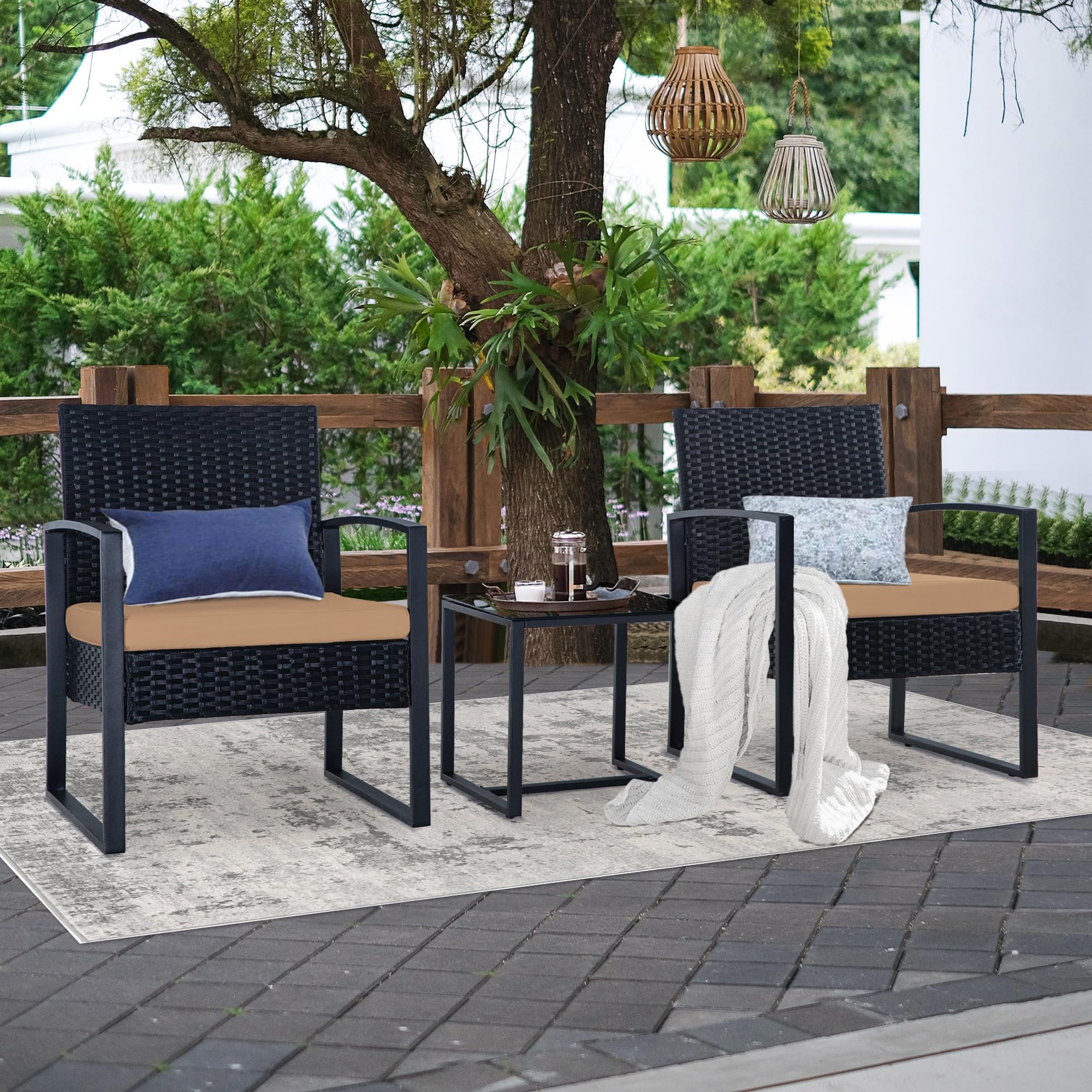 HYDRAGARDEN 3-Piece Outdoor Patio Furniture Set - Black Wicker & Brown Cushion Bistro Conversation Set with Glass Table, Weather-Resistant Rattan Chairs for Garden, Porch, Balcony, Backyard - Perfect for Relaxing, Entertaining Guests, and Outdoor Dining