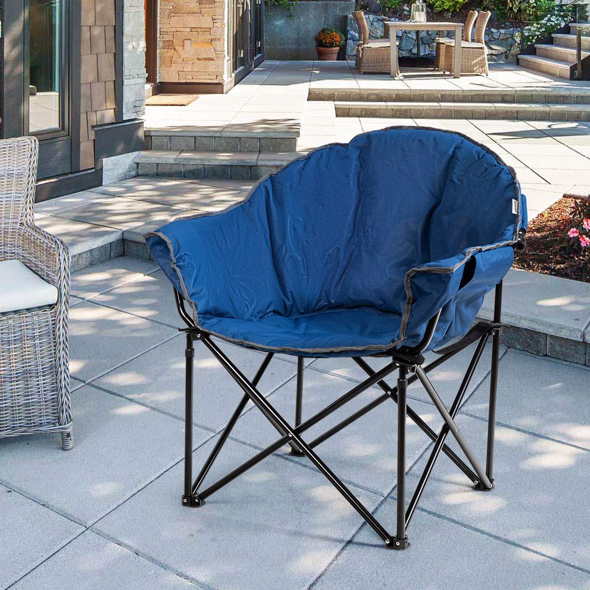 Giantex Set of 2 Portable Camping Chairs - Moon Saucer Folding Chairs with Soft Padded Seat, Cup Holder & Carry Bag for Outdoor, Beach, Picnic, Backyard (Navy Blue) - Perfect for Camping, Tailgating, and Relaxing in Your Garden