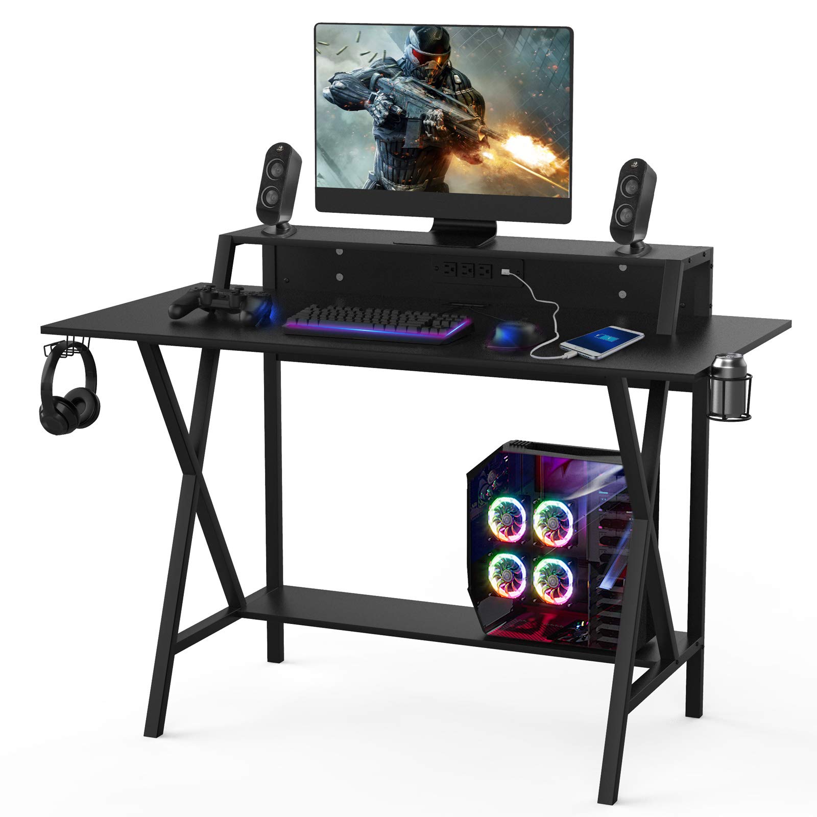 PowerStone 48 Inch Gaming Desk with Carbon Fiber Surface - Ergonomic Computer Desk for Gaming & Office Work - Includes Monitor Stand, USB Power Strip, Cup Holder & Headphone Hook - Perfect for PC Gamers & Home Office Setup (Black)