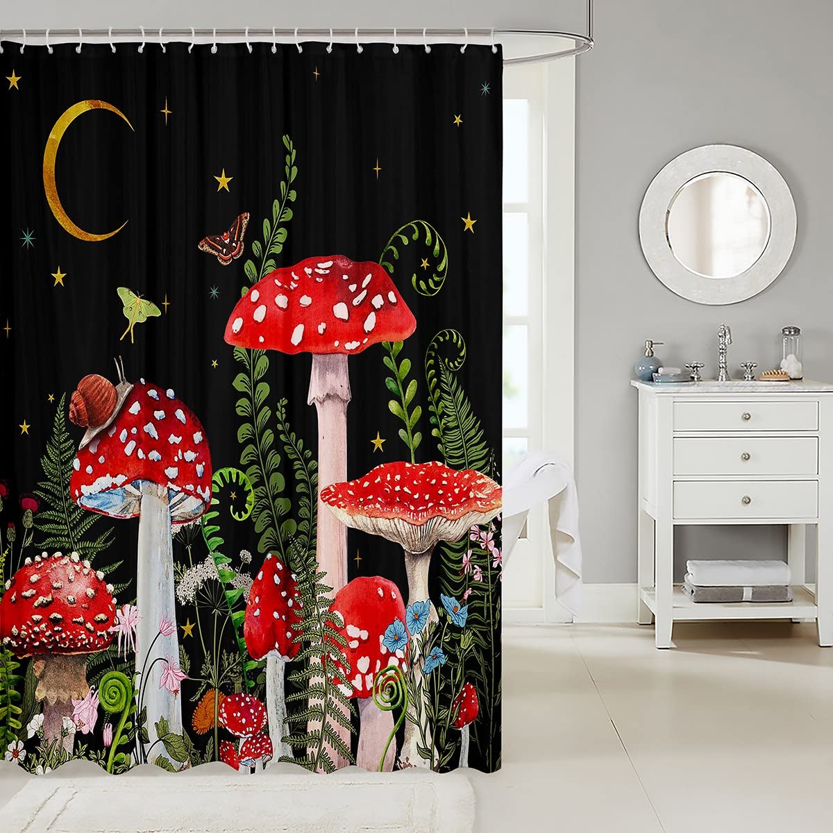 Red Mushroom Shower Curtain with Magical Plant & Snail Design - 72
