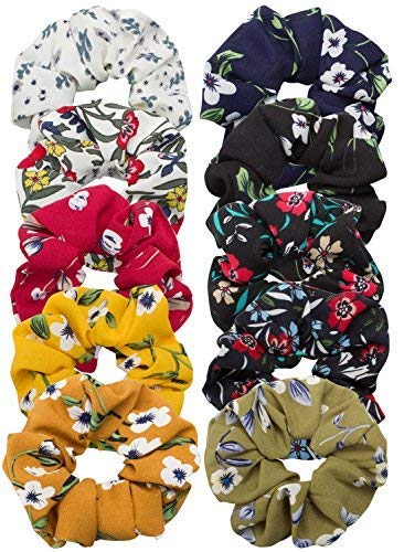 12 Pack Women's Floral Chiffon Hair Scrunchies - Soft Ponytail Holders & Hair Ties (12 Assorted Colors) for Workout, Yoga, Office & Everyday Use