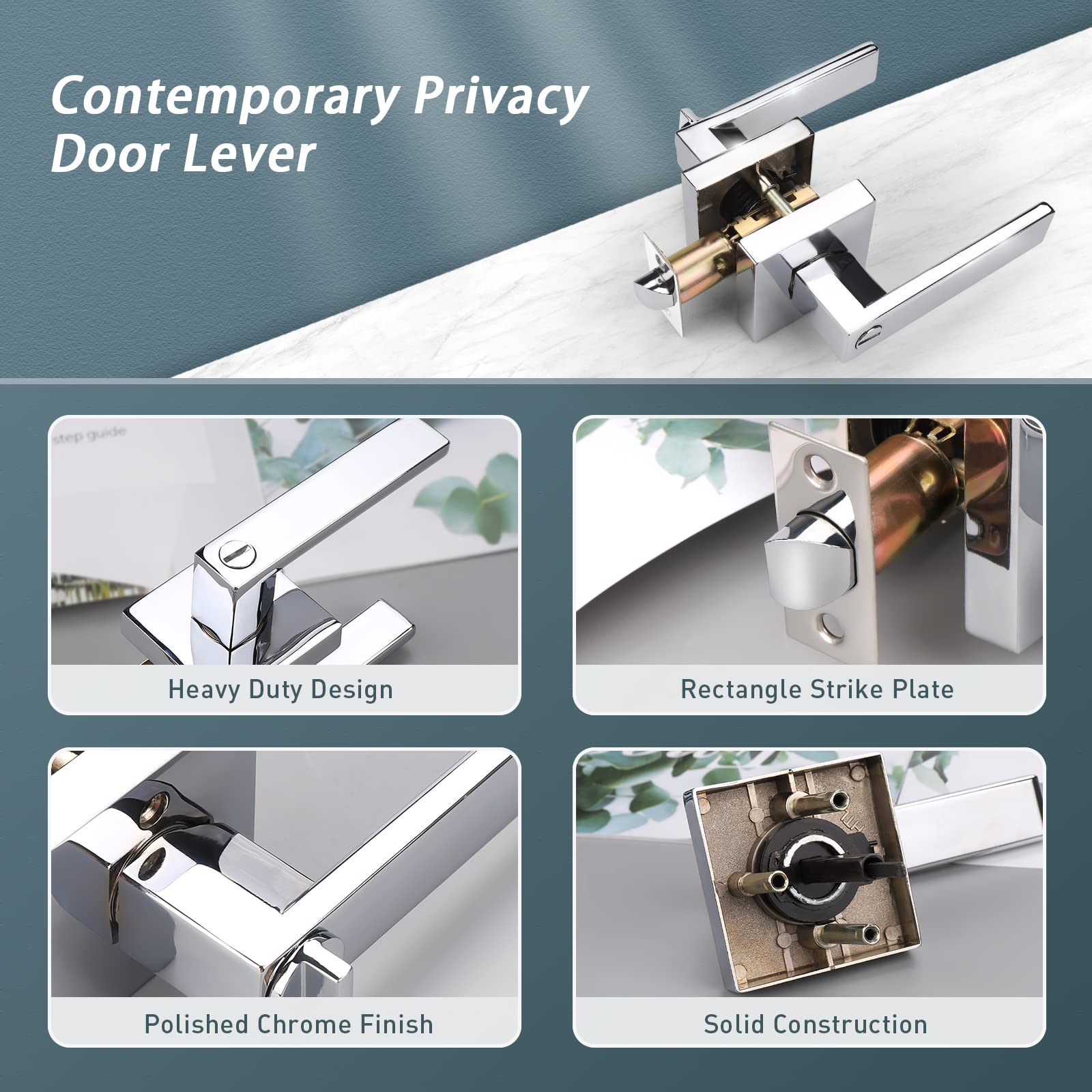 6 Pack Heavy Duty Chrome Interior Door Handles with Lock - Keyless Privacy Door Lever Handleset for Bedroom, Bathroom & Office | Secure Turn Lock Inside for Home & Commercial Use