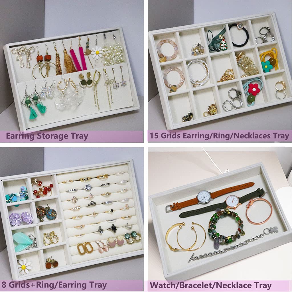 Stackable Velvet Jewelry Organizer Trays - 4-Piece Set for Earrings, Rings, Necklaces & Bracelets | Elegant Jewelry Drawer Inserts & Display Case | Perfect Mother's Day Gift & Jewelry Storage Solution for Home, Travel & Retail Display