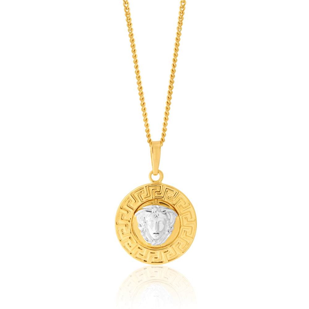 9ct Two Tone Gold Medusa Greek Key Pendant Necklace - Elegant Mythological Jewelry for Women - Perfect for Gifts, Parties & Special Occasions