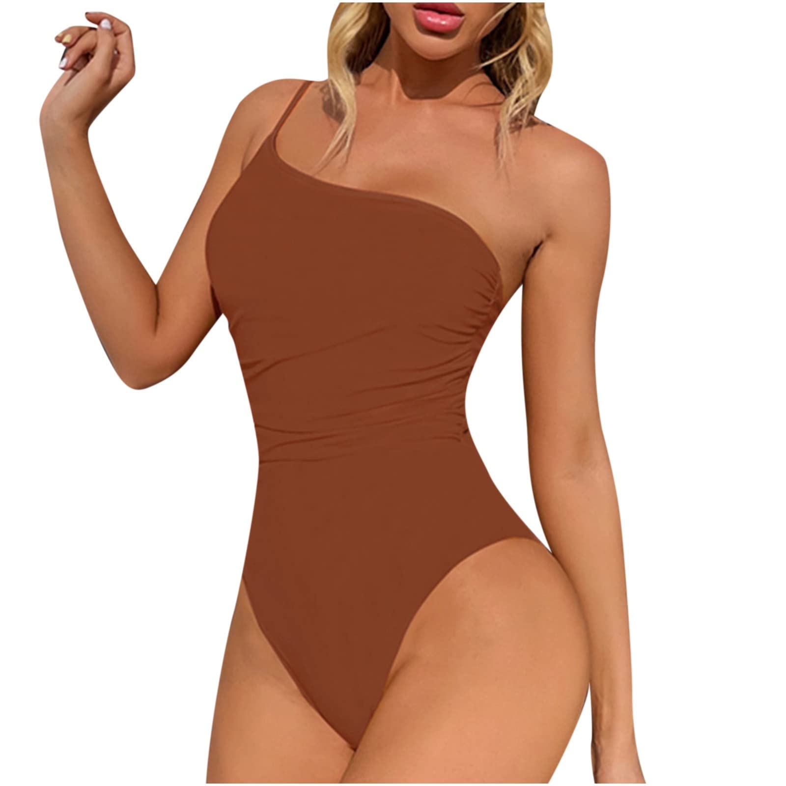 One Shoulder Ruched One Piece Swimsuits for Women - Tummy Control Solid Color Modest Bathing Suit | Beach Vacation, Pool Party, Summer Swimwear