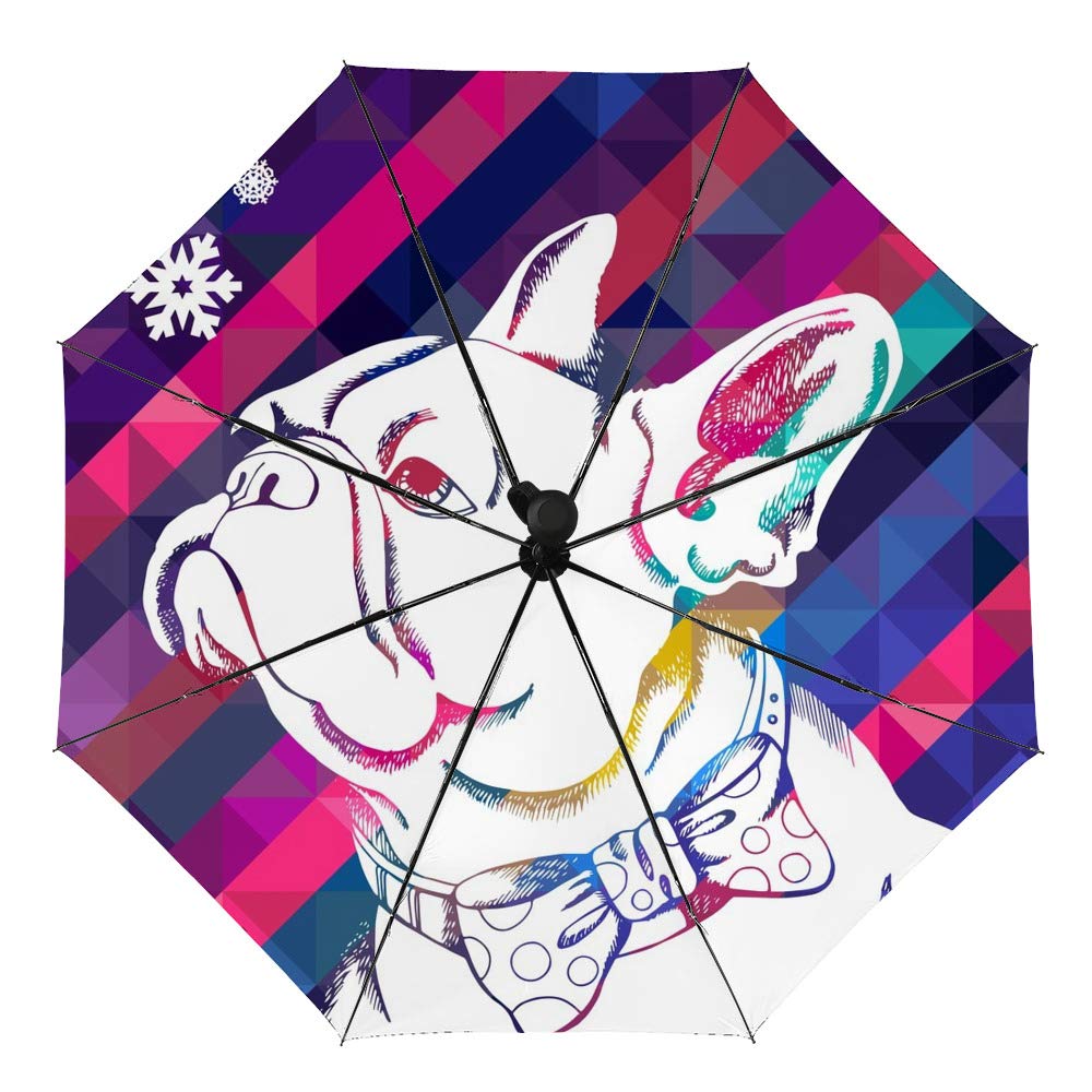 Windproof Automatic Travel Umbrella with Hand-Painted French Bulldog Design - Compact Folding Umbrella for Sun & Rain Protection - Waterproof Portable Umbrella for Women, Men & Kids - Perfect for Commuting, Travel, Beach & Outdoor Activities