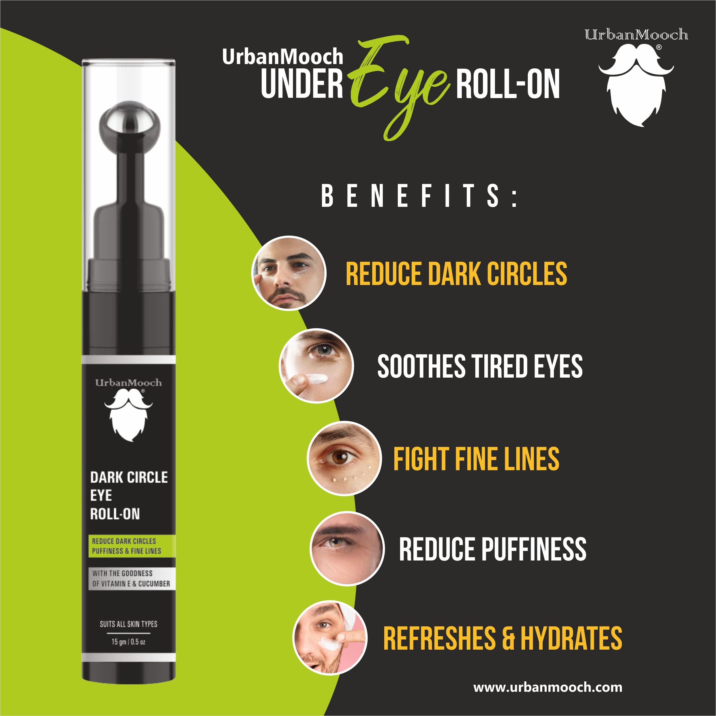 UrbanMooch Under Eye Cream for Men - Dark Circle Treatment with Cooling Massage Roller | Reduces Puffiness & Fine Lines | Enriched with Vitamin E, Ginseng Extract & Retinol | 15g | Perfect for Morning Routine & Night Care