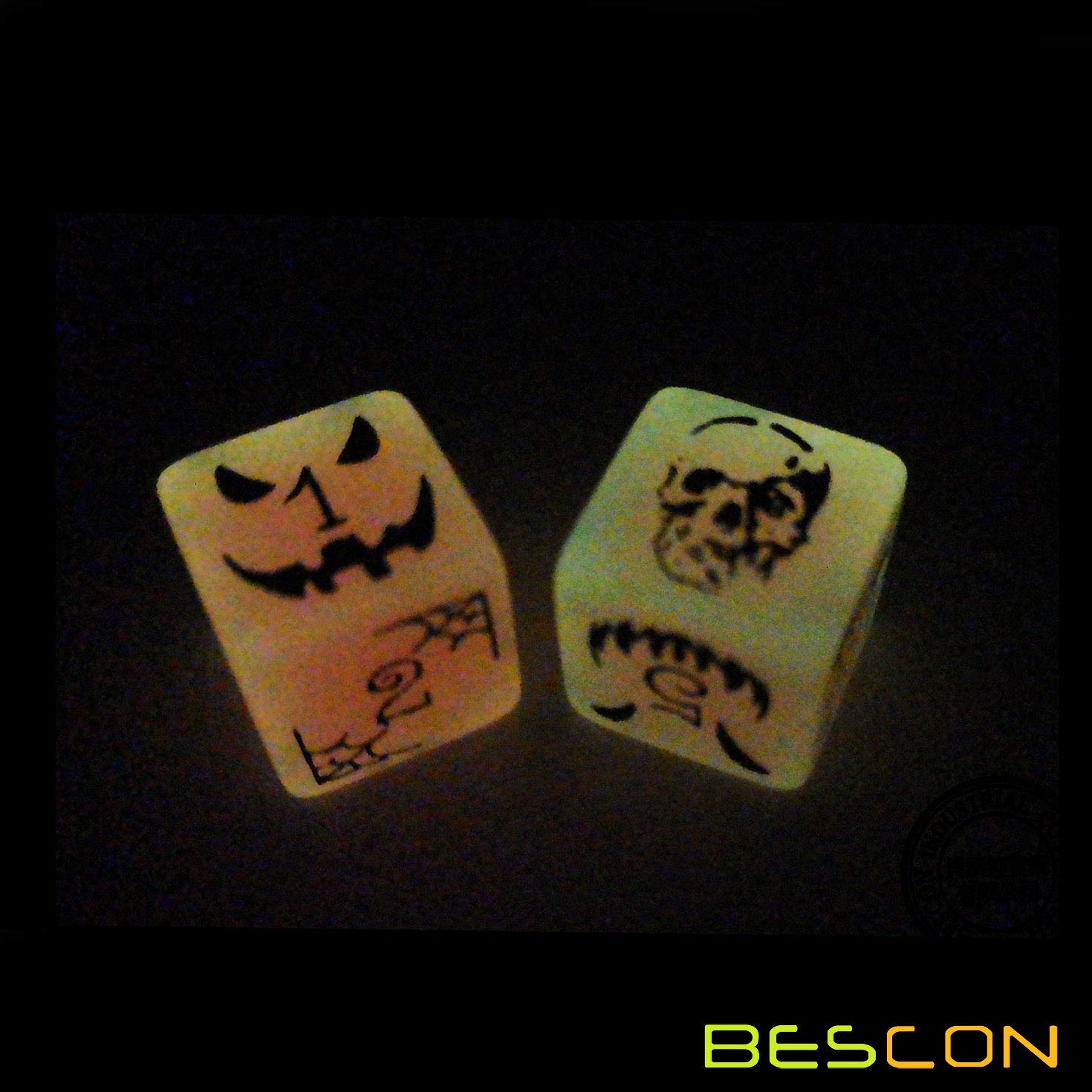 Bescon Glow in the Dark Halloween Dice Set - 6 Orange Luminous D6 Dice with Velvet Pouch for Tabletop RPG, Dungeons & Dragons, Board Games & Halloween Party Decorations