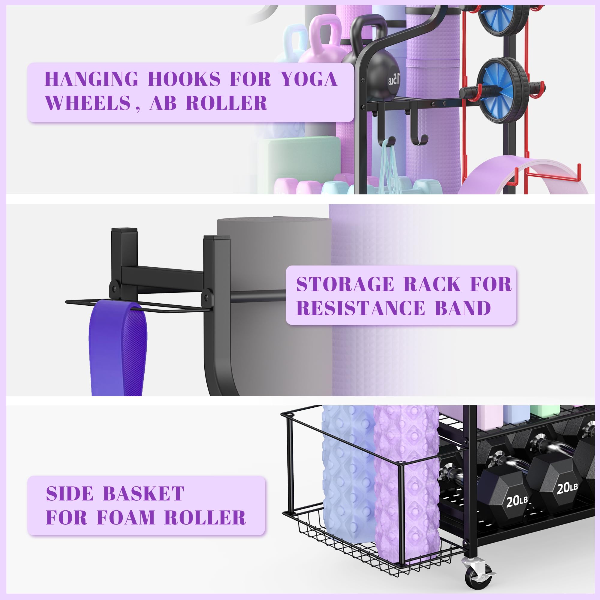 Mythinglogic Yoga Mat Storage Rack - Heavy Duty Home Gym Organizer for Dumbbells, Kettlebells, Foam Rollers, Yoga Straps & Resistance Bands - Space Saving Workout Equipment Storage with Hooks & Wheels - Perfect for Home Gym, Yoga Studio & Fitness Room Organization