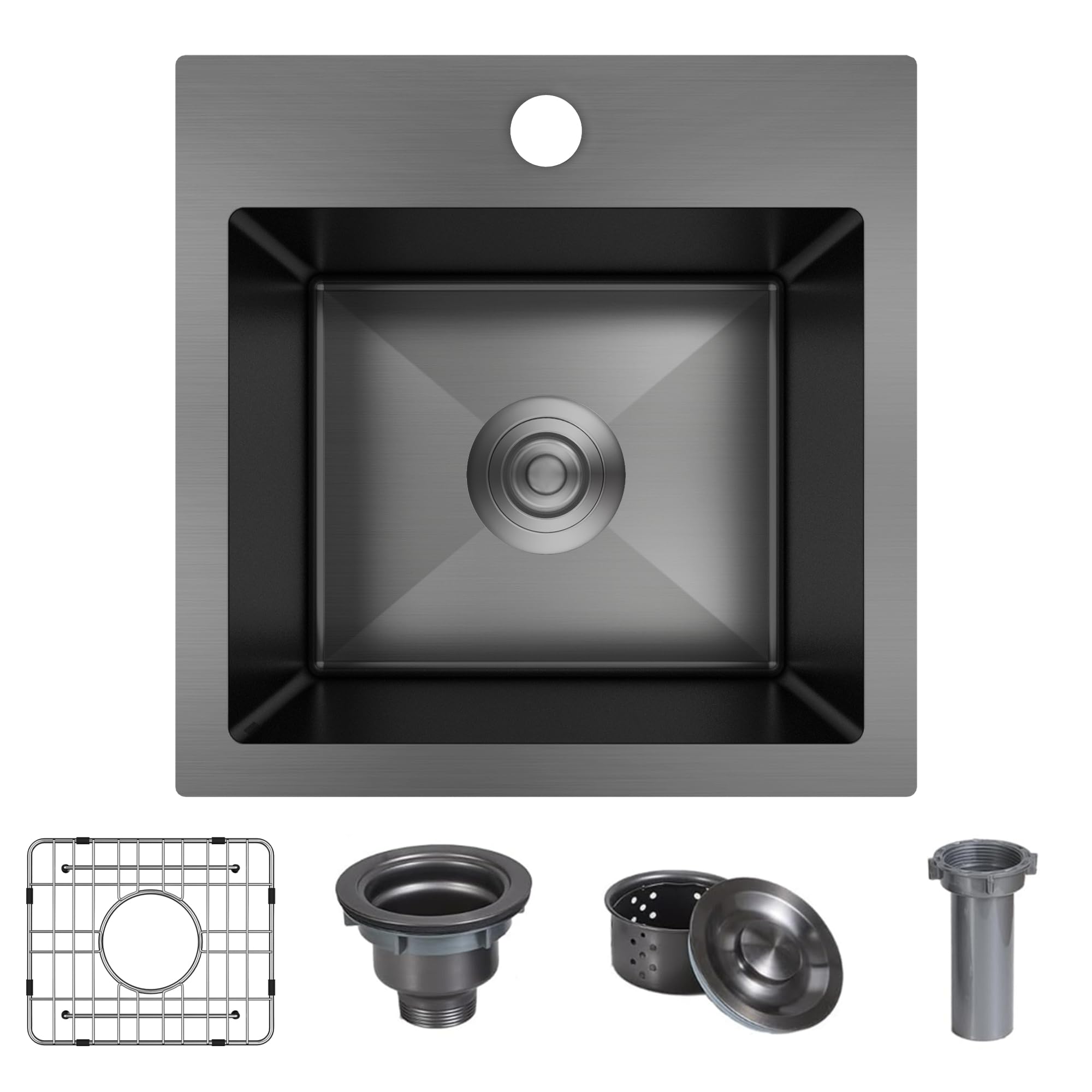 15 x 15 Inch Black Drop-In Kitchen Bar Sink - 18 Gauge Stainless Steel Single Bowl Topmount Prep Sink with Grid & Basket Strainer | Perfect for Small Kitchens, Bars, Coffee Shops & Food Prep Stations