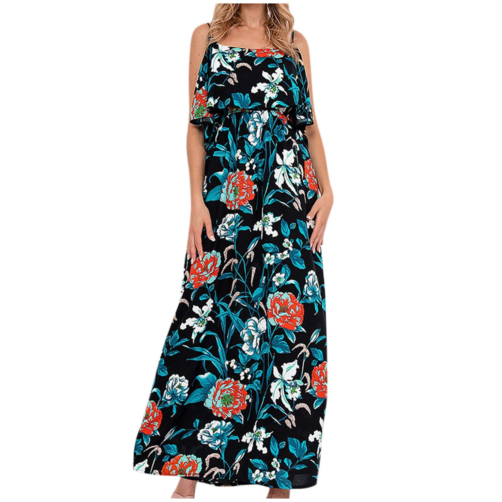 Women's Plus Size Floral Maxi Dress - Summer Casual Sleeveless Spaghetti Strap Crew Neck Dress for Beach, Vacation & Outdoor Activities