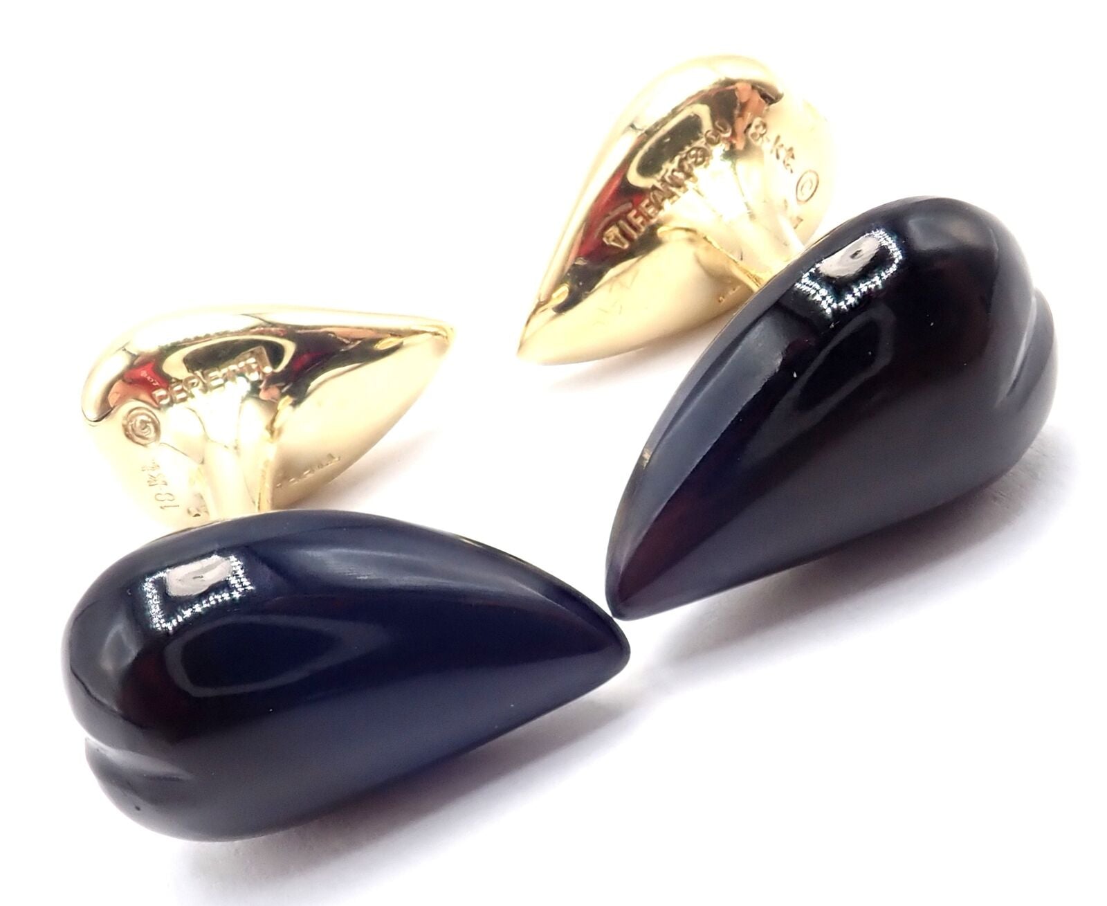 Authentic Tiffany & Co Peretti 18k Yellow Gold Black Onyx Teardrop Cufflinks for Men - Luxury Formal Wear Accessories for Weddings & Business Events