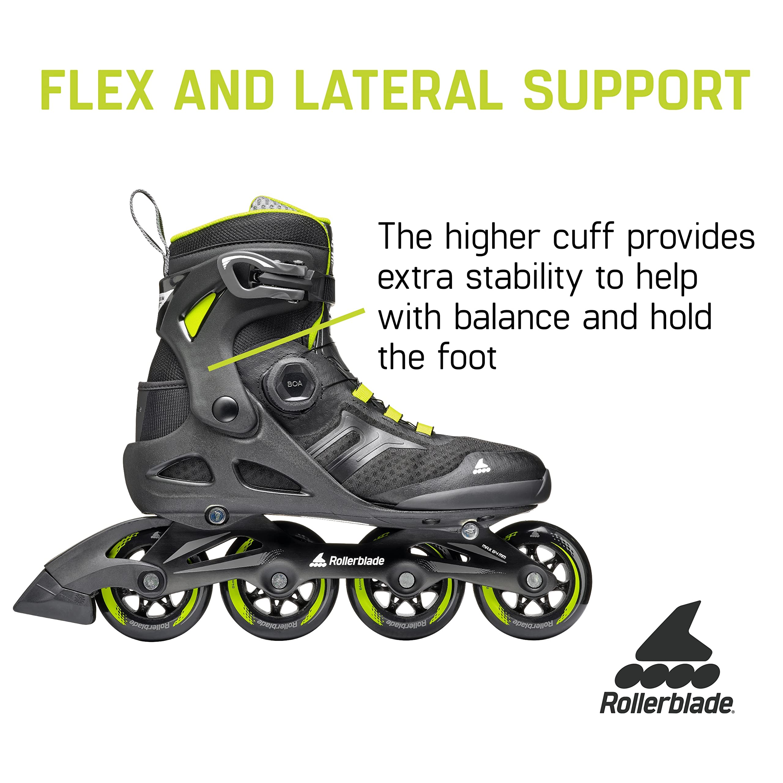 Rollerblade Macroblade 84 BOA Adult Fitness Inline Skates - High Performance Black & Lime Inline Skates for Men & Women - Perfect for Outdoor Exercise, Fitness Training & Recreational Skating