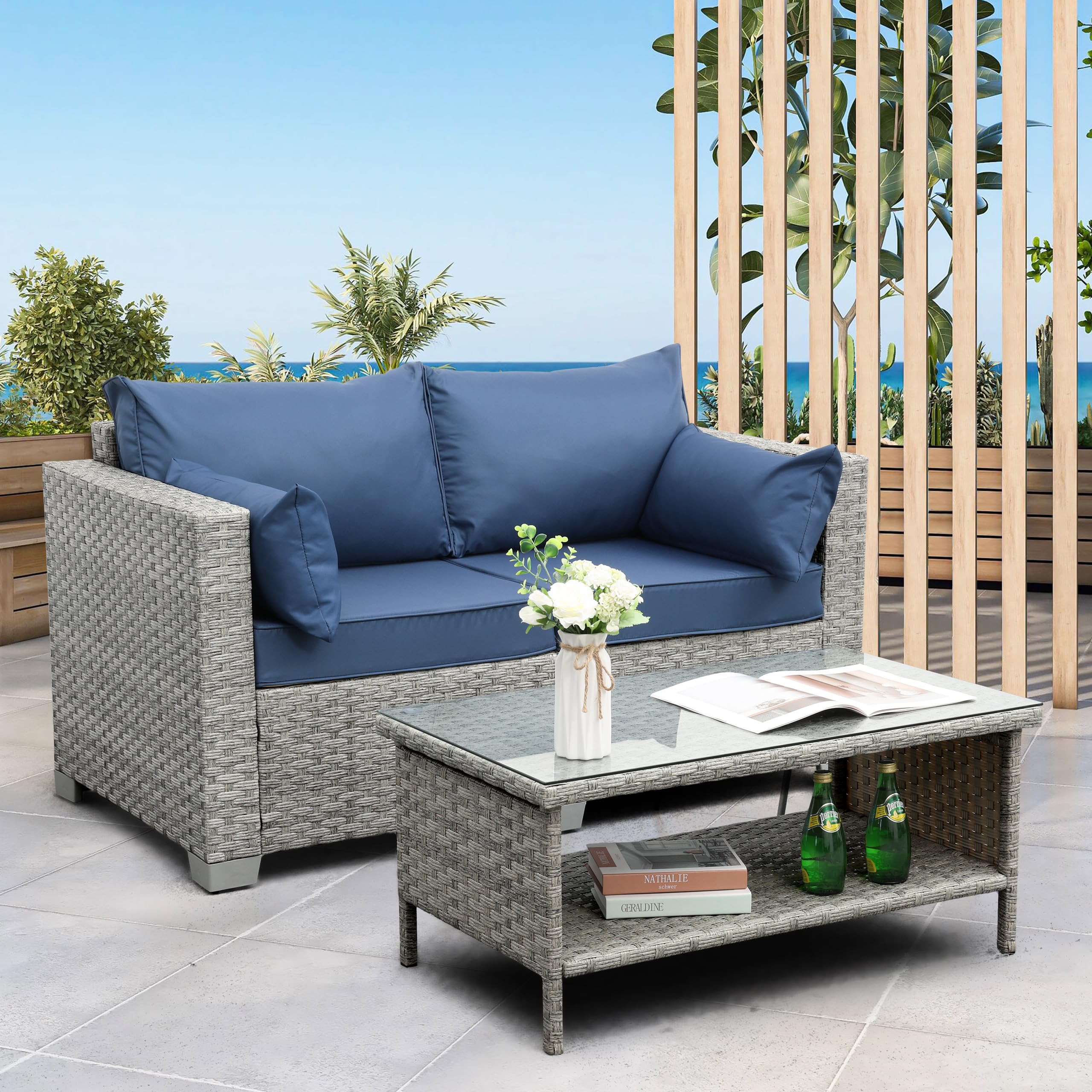 WAROOM Outdoor Wicker Loveseat 2-Seater Sofa - PE Rattan Patio Furniture with Blue Cushions | Perfect for Backyard, Garden, Balcony & Poolside Relaxation