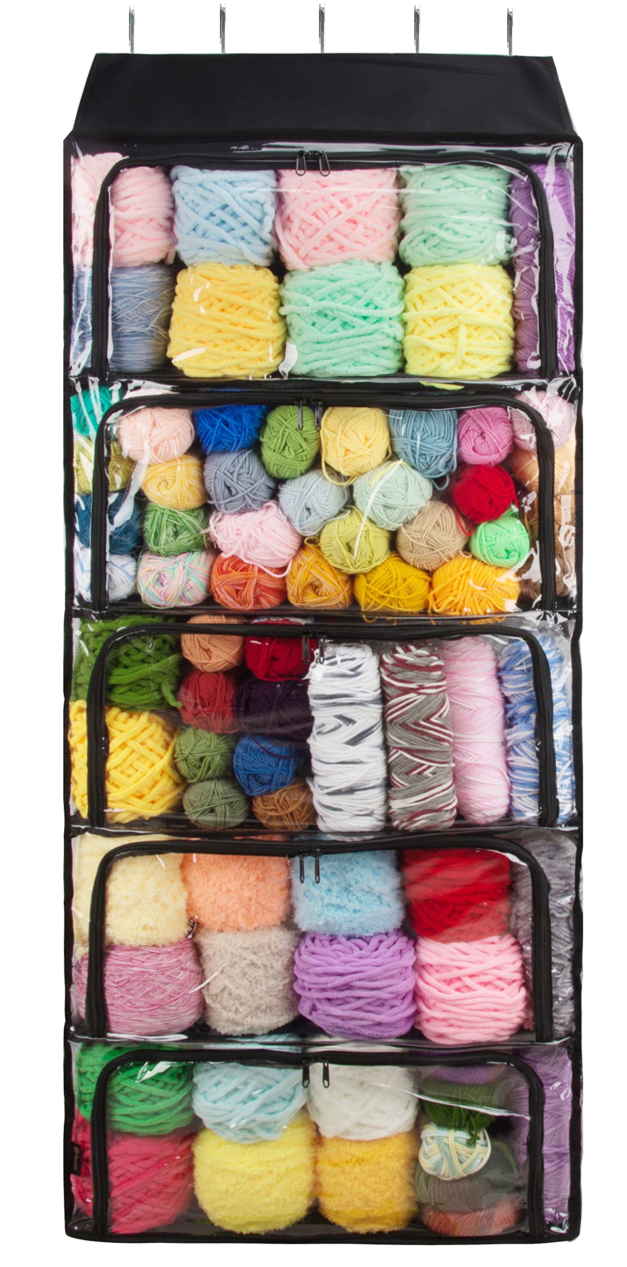 5 Compartments Hanging Yarn Storage Organizer with Zipper - XL Knitting Needle & Crochet Hook Holder for Over Door Display - Perfect for Craft Room Organization & Yarn Storage (Black) - Ideal for Knitting Enthusiasts & Crochet Projects