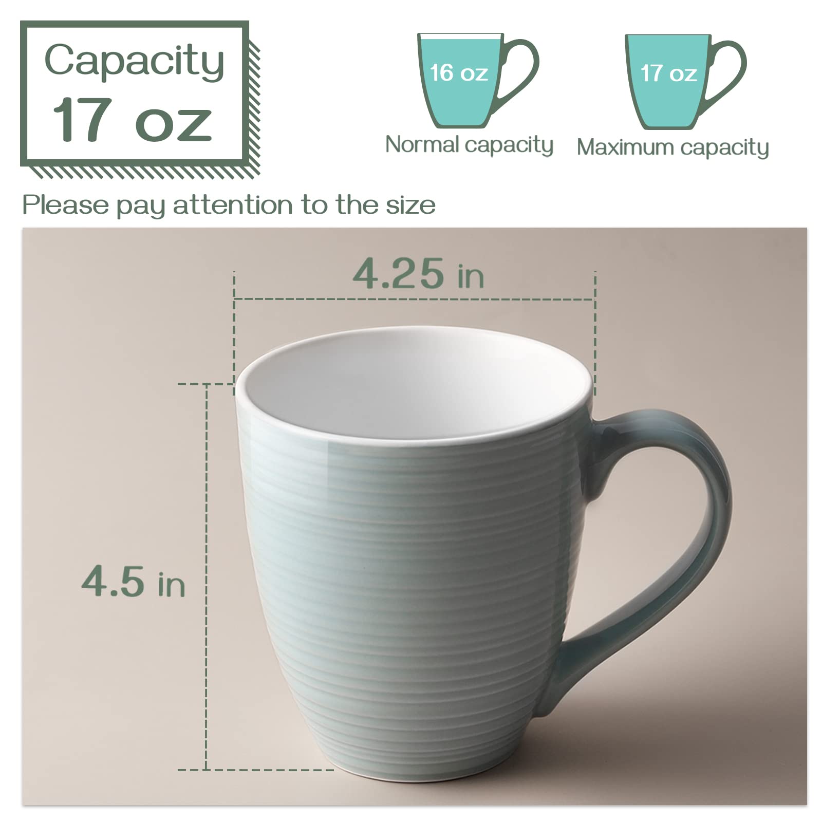 DOWAN 17 Oz Ceramic Coffee Mugs Set of 6 - Large Insulated Coffee Cups with Handle for Hot Tea, Cocoa & Beverages - Perfect for Home, Office, Parties & Gifts (Gray)
