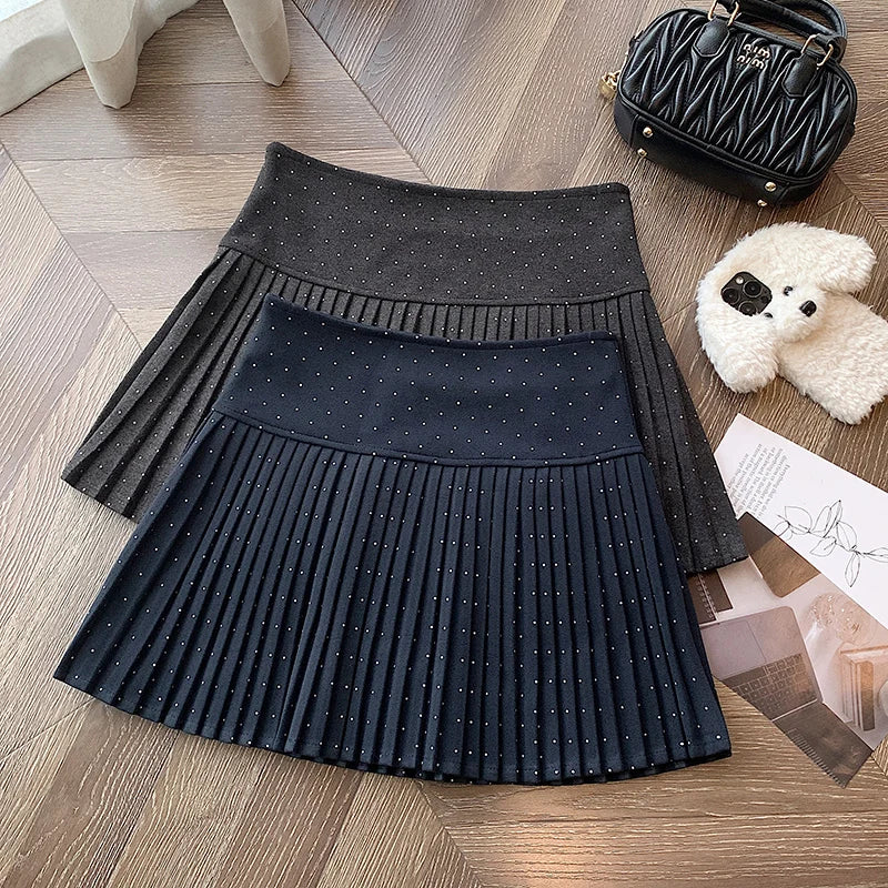 Women's High Waist Slim Pleated Wool Mini Skirt - Black, Blue, Brown | Diamond Pattern | Autumn Winter Fashion | College Style | Perfect for Festivals, Parties & Casual Wear