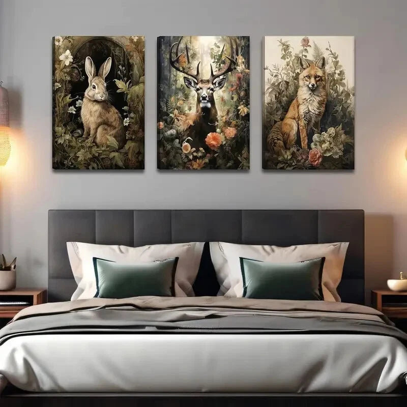 3-Piece Enchanted Forest Scene Metal Wall Art - Ready to Hang Forest Animal Prints for Home & Office Decor | Perfect for Living Room, Bedroom, Nursery