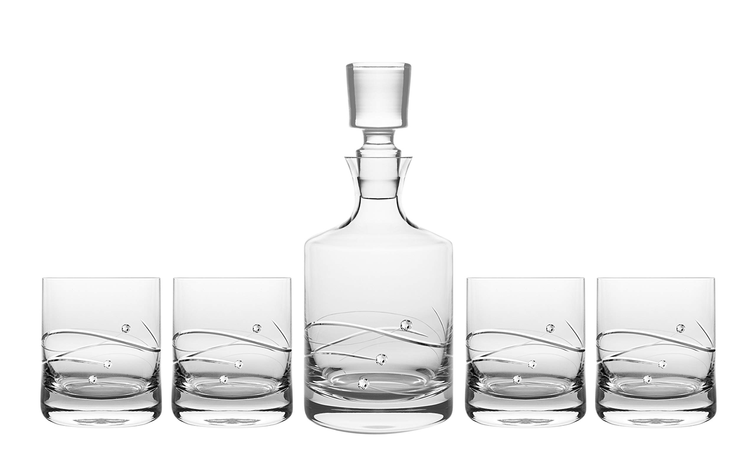 Barski Premium 26 oz Whiskey Decanter Set with 4 Crystal 10.5 oz Tumblers - Handmade European Glass Barware Decorated with Genuine Diamonds - Luxury Gift Boxed for Home Bar, Wedding & Anniversary Gifts - Elegant Cocktail Serving Set for Whiskey, Bourbon & Scotch
