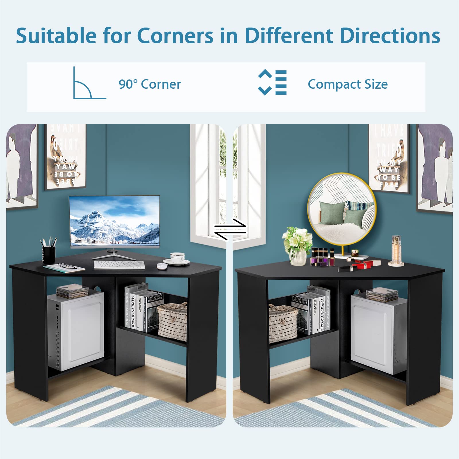 JV10265DK Corner Desk for Home Office, Black - Space-Saving L-Shaped Computer Desk for Small Spaces, Gaming & Workstation Setup