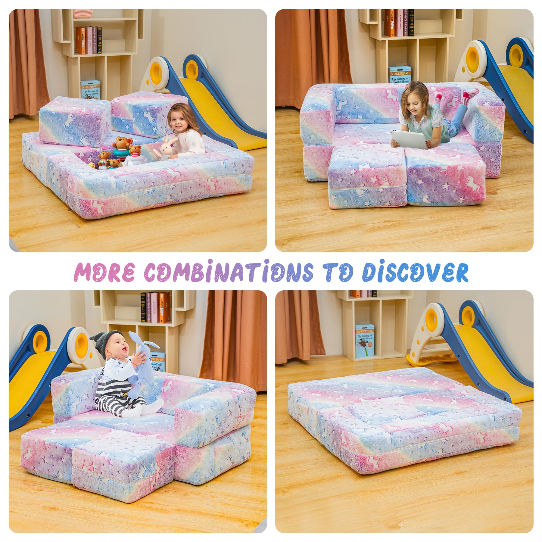 Glow in The Dark Modular Kids Play Couch - Convertible Toddler Sofa with Foldable Foam Cushions for Playroom & Bedroom | Rainbow Unicorn Design | Perfect for Indoor Playtime, Sleepovers & Reading Nooks