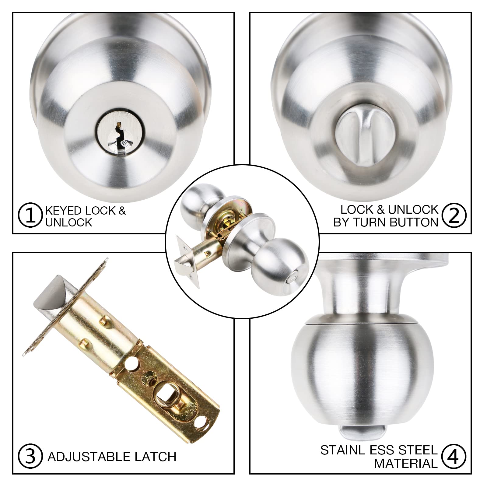 Stainless Steel Door Knob with Lock & Key - High Security Bedroom Door Handle, Ball Style Doorknob with 3 Keys & 3-Year Warranty | Perfect for Home, Office, Apartment & Interior Door Security