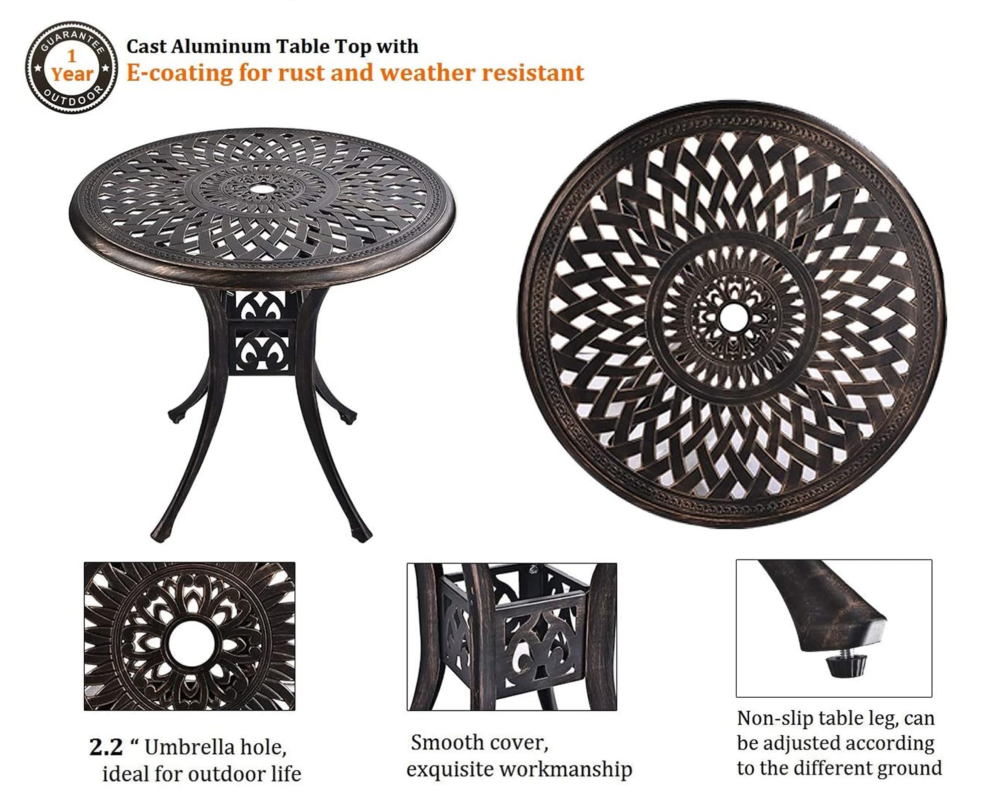 Grepatio 3-Piece Cast Aluminum Patio Dining Set - All-Weather Outdoor Bistro Set with 2 Lattice Weave Chairs & 1 Table with Umbrella Hole - Durable Garden Furniture for Patio, Deck, Backyard, Poolside Dining and Outdoor Entertaining