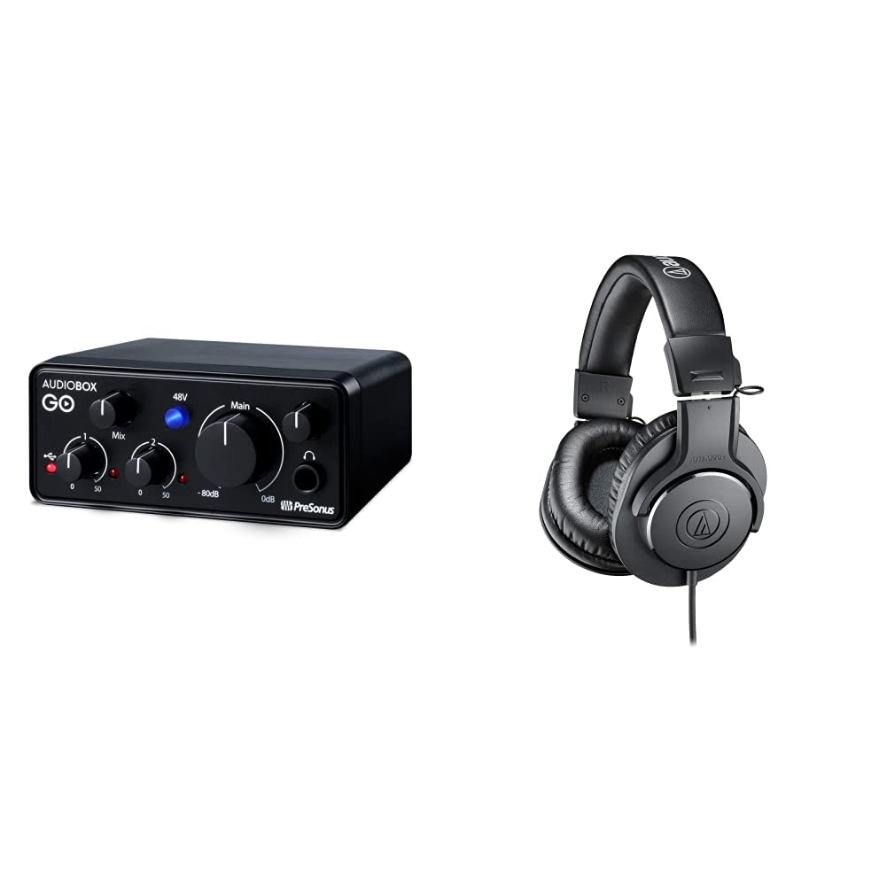PreSonus AudioBox GO USB Audio Interface & Audio-Technica ATH-M20X Professional Studio Headphones Bundle - Black | Home Recording, Podcasting & Music Production Setup