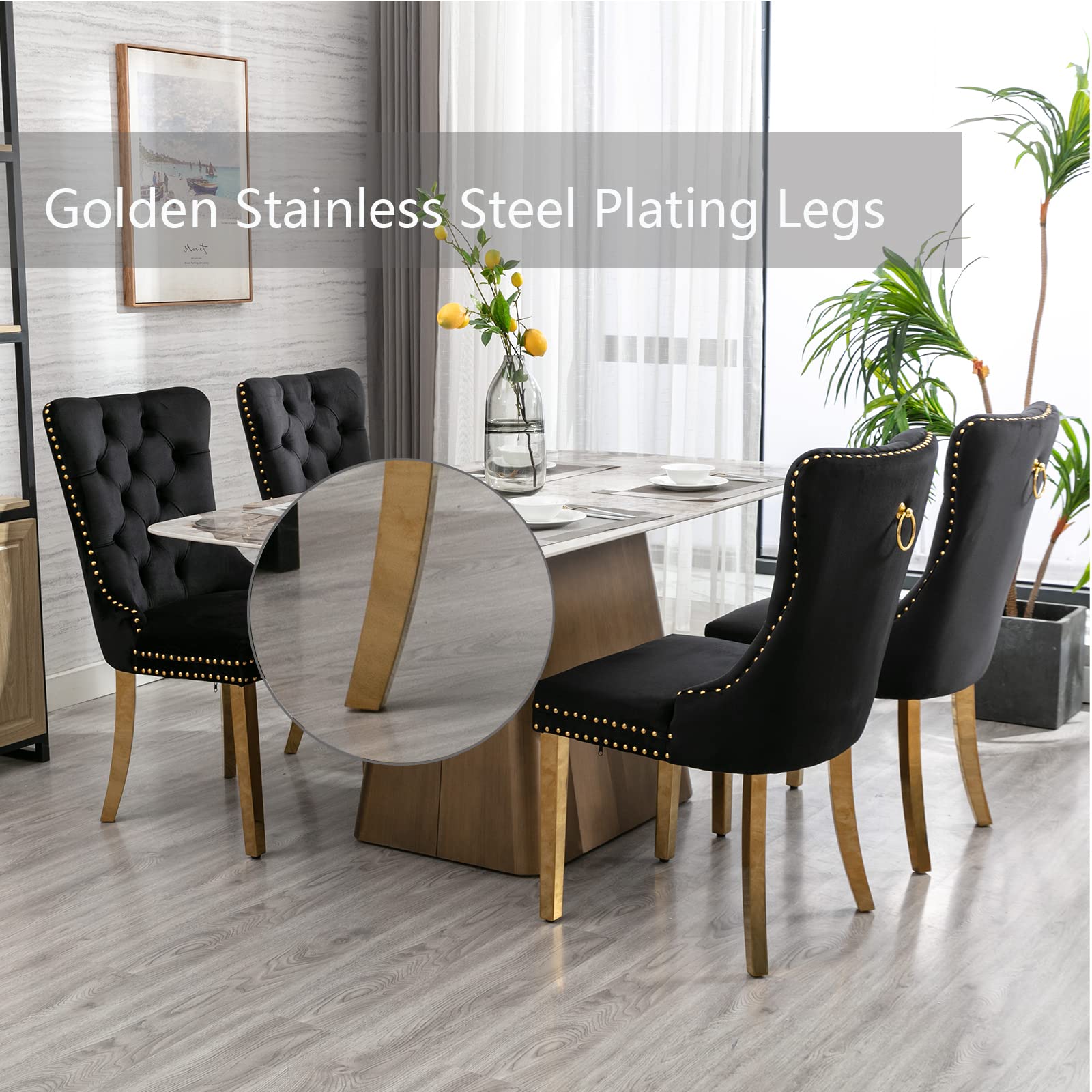 Black Velvet Dining Chairs Set of 4 - Modern Upholstered Kitchen & Dining Room Chairs with Gold Stainless Steel Legs & Ring Pull Trim - Elegant Seating for Home, Restaurant, and Office Use