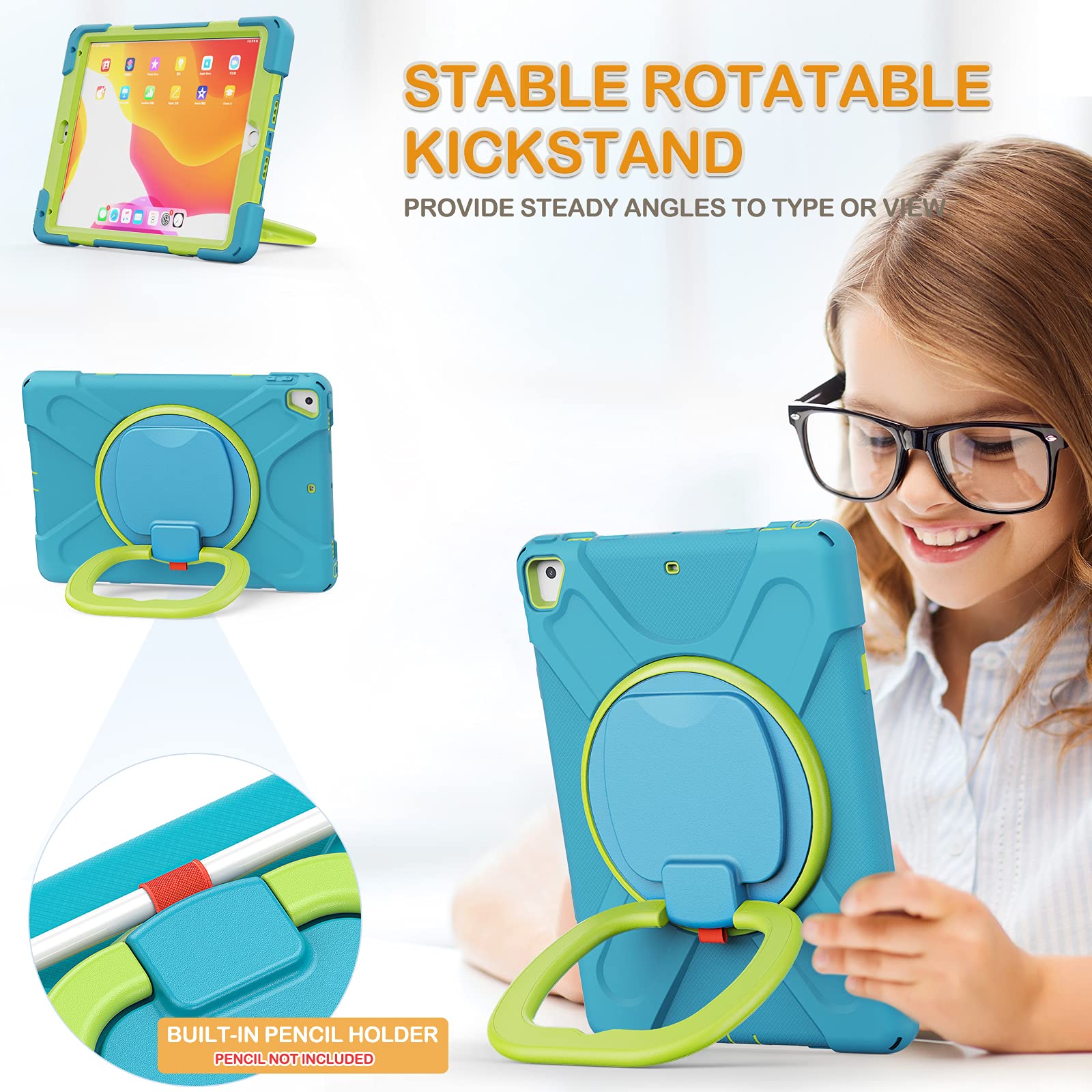BRAECN Shockproof Kids Case for iPad 9.7 Inch (iPad 6th/5th Generation 2018/2017 & iPad Air 2) - 3-Layer Protective Silicone Cover with Rotating Handle, Adjustable Shoulder Strap, Pencil Holder & Kickstand - Sky Blue | Perfect for School, Travel & Outdoor Learning Activities