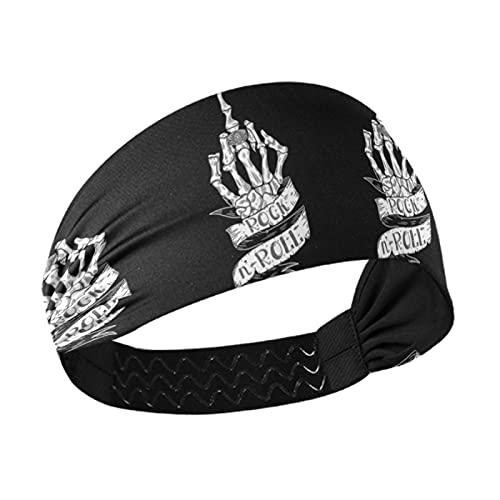 Skeleton Hand Rock Roll On Black Women's Headbands - Stretchy Yoga Headband for Workout & Exercise - Breathable Sweat Wicking Hair Bands & Head Wraps - Perfect for Sports, Running, Gym & Fitness Activities