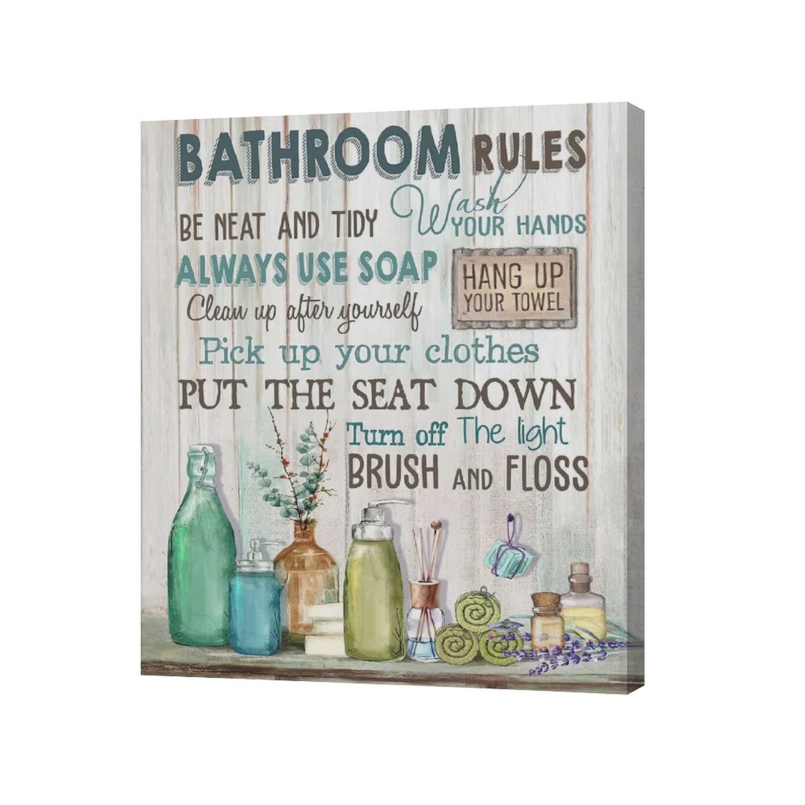 Rustic Bathroom Wall Art Decor - Framed Canvas Prints with Wood Background for Modern Farmhouse, Bath & Laundry Room | Bathroom Rules Signs & Pictures for Home Decoration | Perfect for Spa-Like Retreats & Cozy Farmhouse Style
