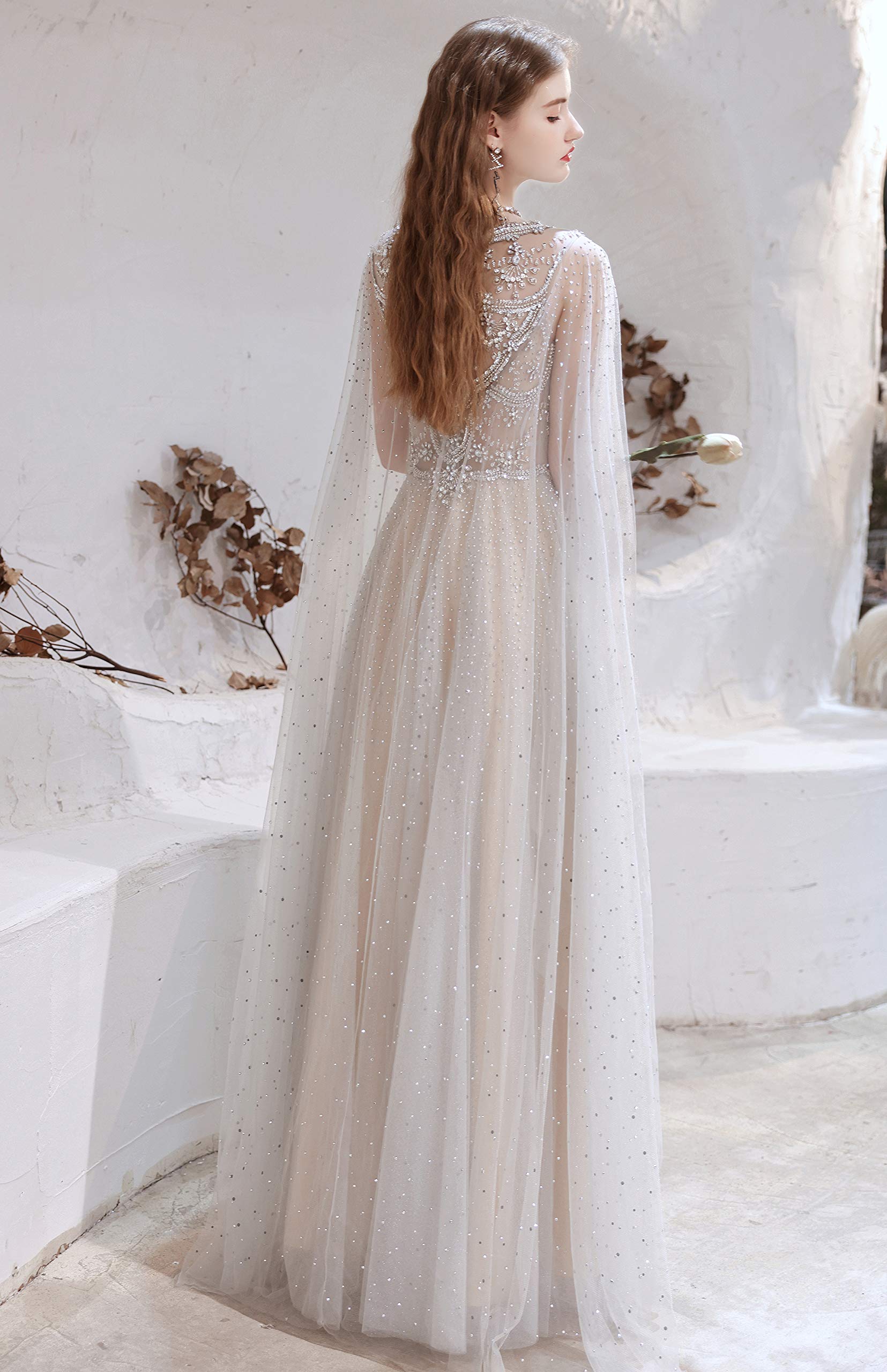 Elegant Women's A-Line Beaded Sequins Tulle Evening Gown with Detachable Shawl - Perfect for Prom, Wedding Guest, Cocktail Party & Formal Occasions