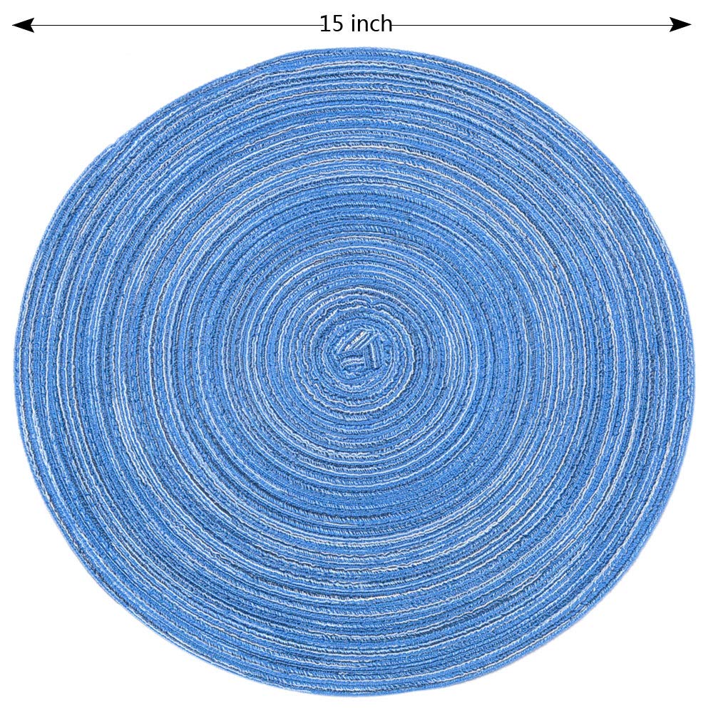 6-Pack Round Braided Placemats - 15 Inch Washable Table Mats for Kitchen & Dining - Blue Home Decor - Perfect for Everyday Use, Dinner Parties, and Holiday Gatherings