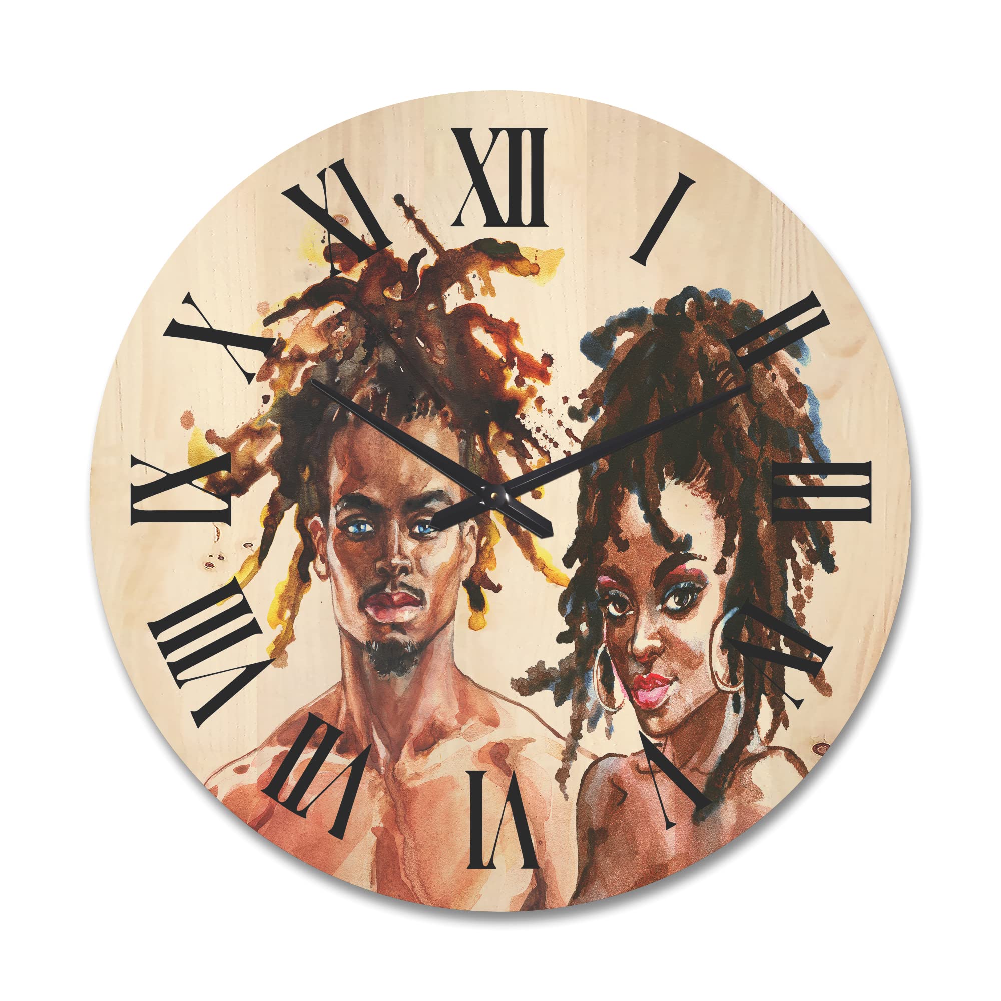 Modern African American Couple Wood Wall Clock - Large Oversized Decorative Wall Clock for Living Room, Bedroom & Office Décor - Perfect for Home, Wedding & Anniversary Gifts