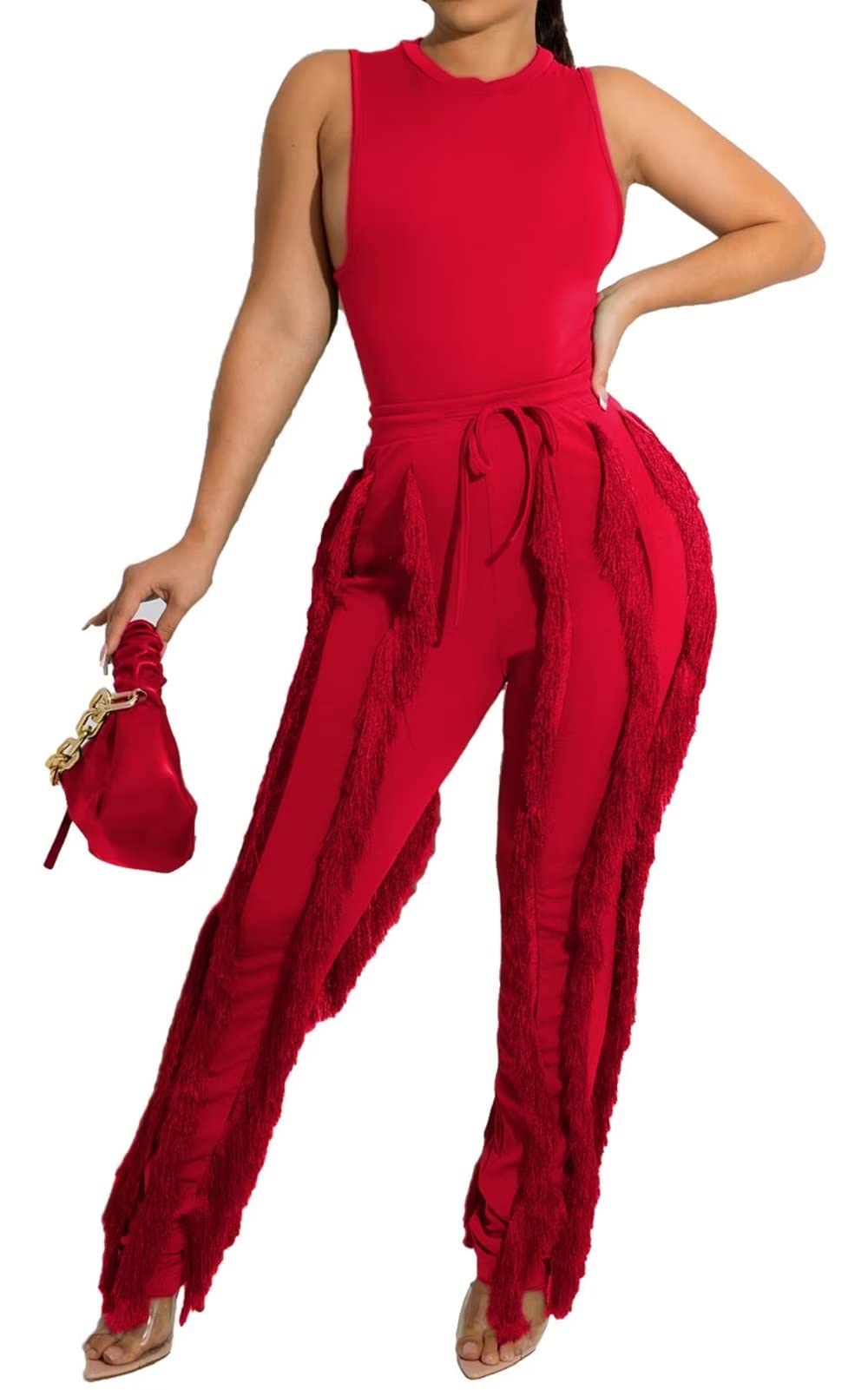 EDITCOZY Women's Sleeveless 2-Piece Outfit - Cropped Tank Top & High Waisted Long Fringe Pants | Bodycon Club Jumpsuit | Perfect for Night Out, Party Wear & Summer Fashion