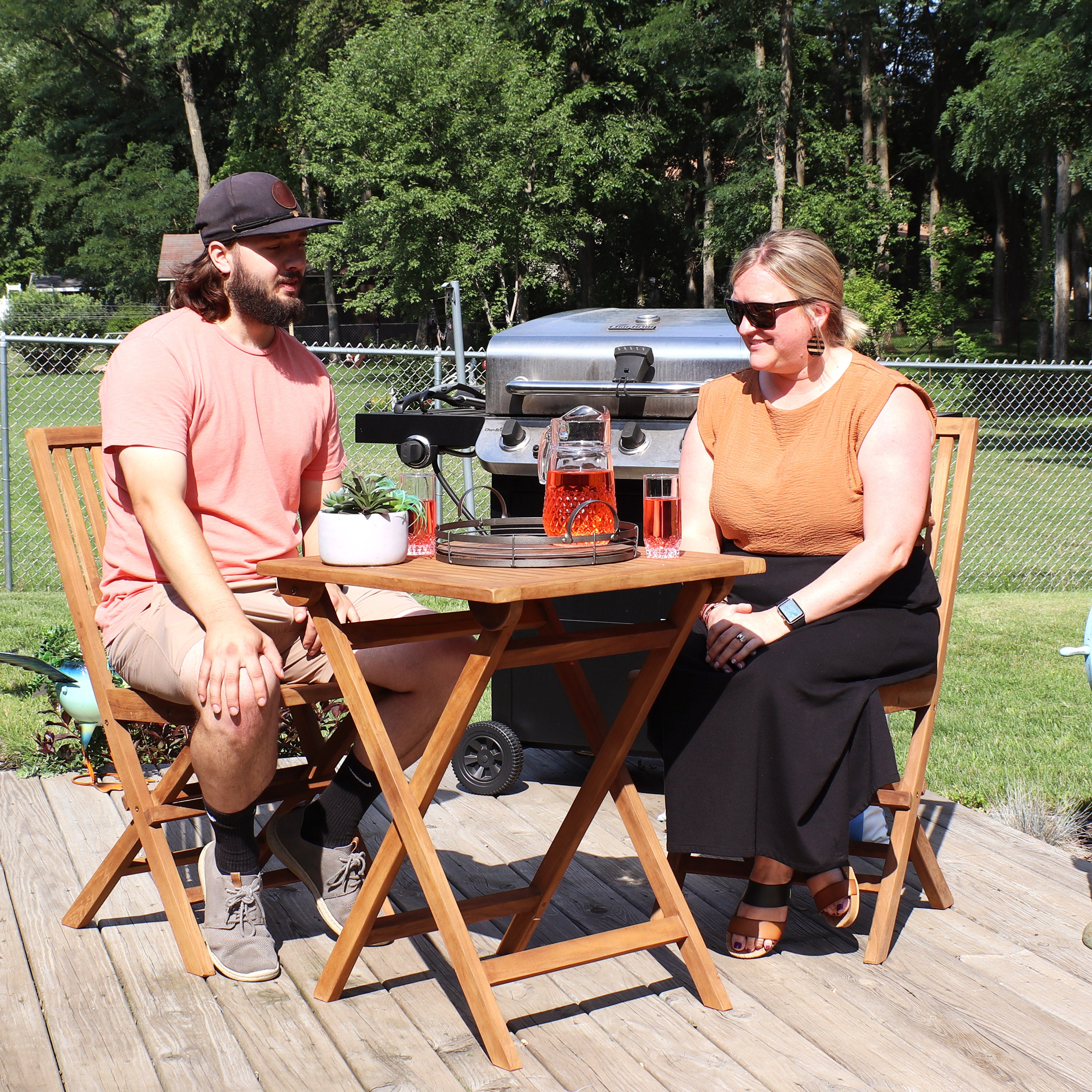 Sunnydaze Nantasket 3-Piece Outdoor Wooden Bistro Set - Patio, Garden, Balcony Furniture for Small Spaces - Perfect for Coffee, Dining & Relaxing Outdoors