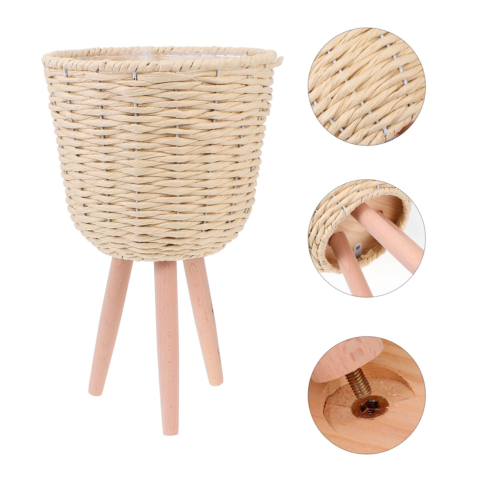 DOITOOL Modern Woven Rattan Plant Basket with Stand - Handmade Decorative Wicker Flower Pot Holder for Indoor & Outdoor Plants | Perfect for Living Room, Patio, Garden Decor