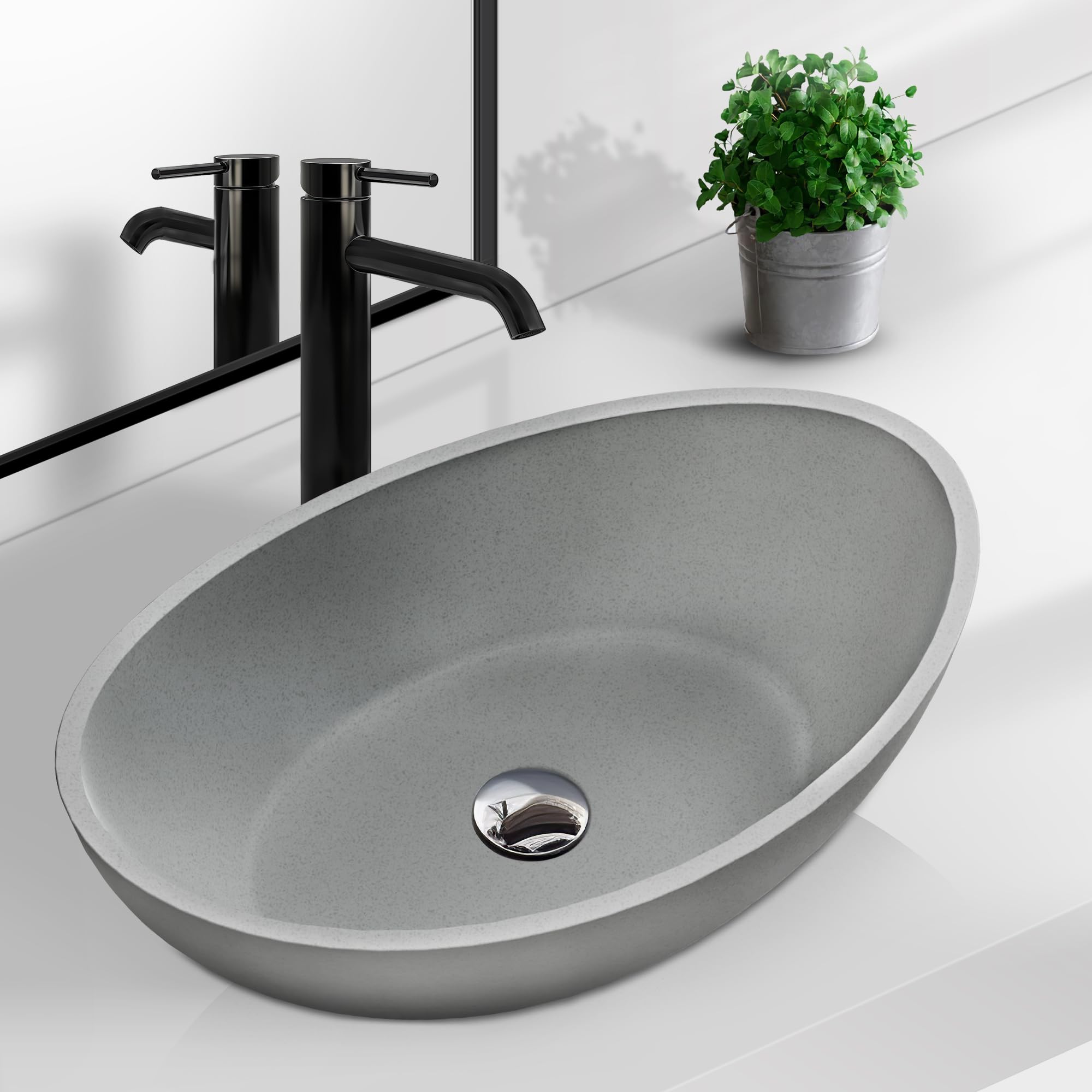 Dolonm Grey Concrete Vessel Bathroom Sink - 21x14 Inch Modern Bowl Shaped Countertop Basin Without Faucet & Drain - Perfect for Contemporary Bathrooms, Powder Rooms & Vanity Makeovers