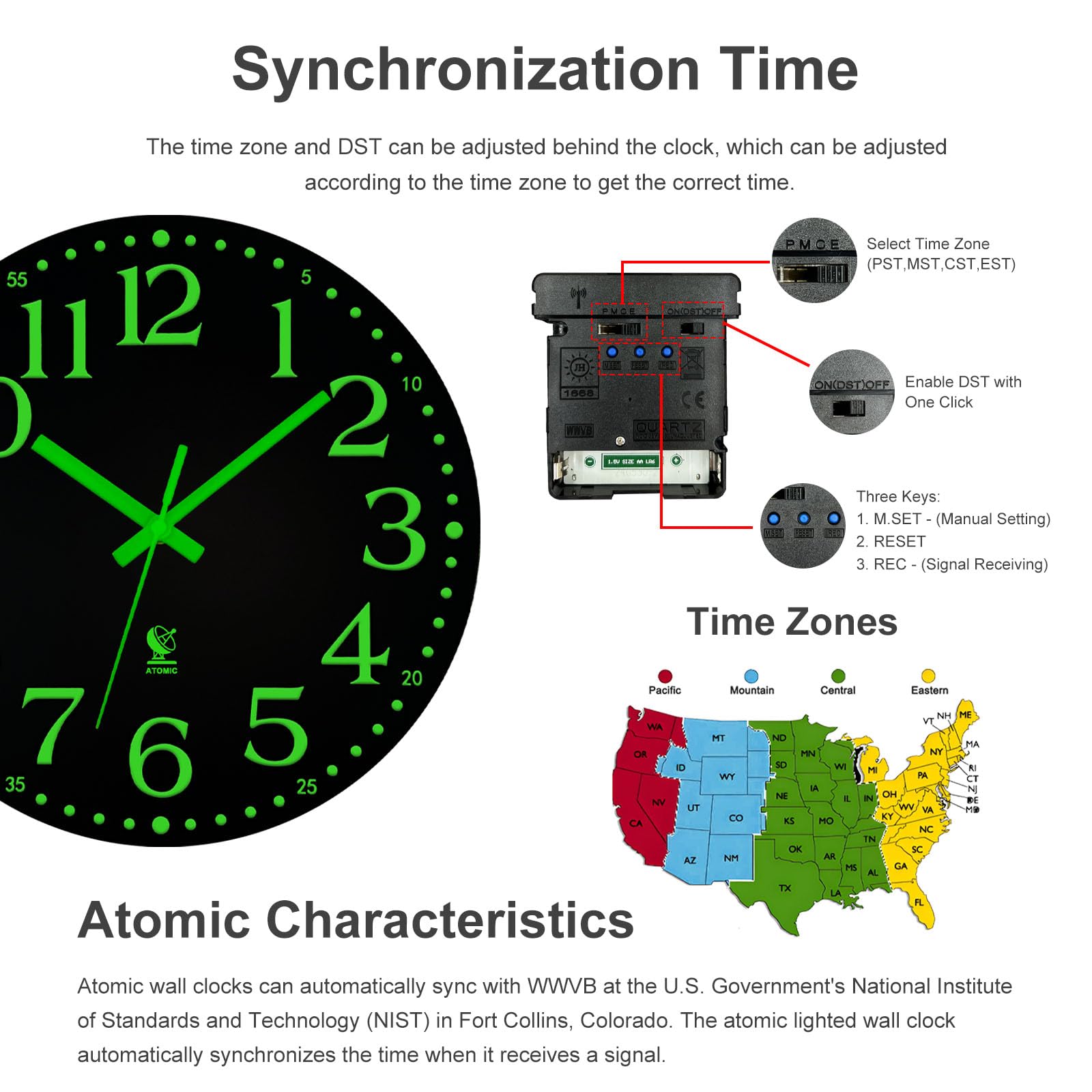 12 Inch Silent Atomic Wall Clock with Glow in Dark - Battery Operated, Radio Controlled, Auto Time Sync - Perfect for Living Room, Bedroom & Office Decor