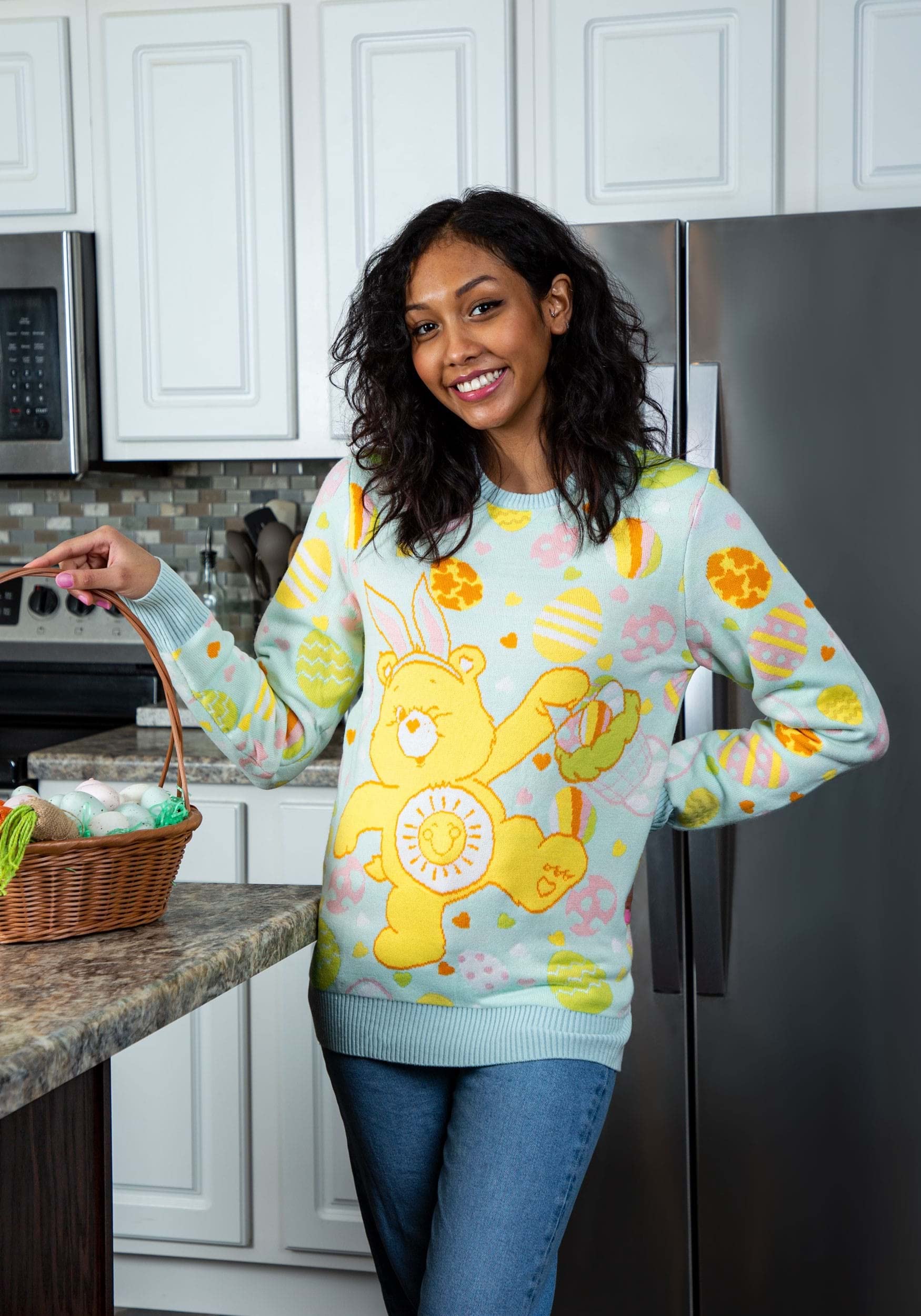 Officially Licensed Adult Care Bears Easter Egg Hunt Pullover Ugly Sweater - Funshine Bear Design | Unisex Holiday Sweater for Christmas, Easter & Cosplay