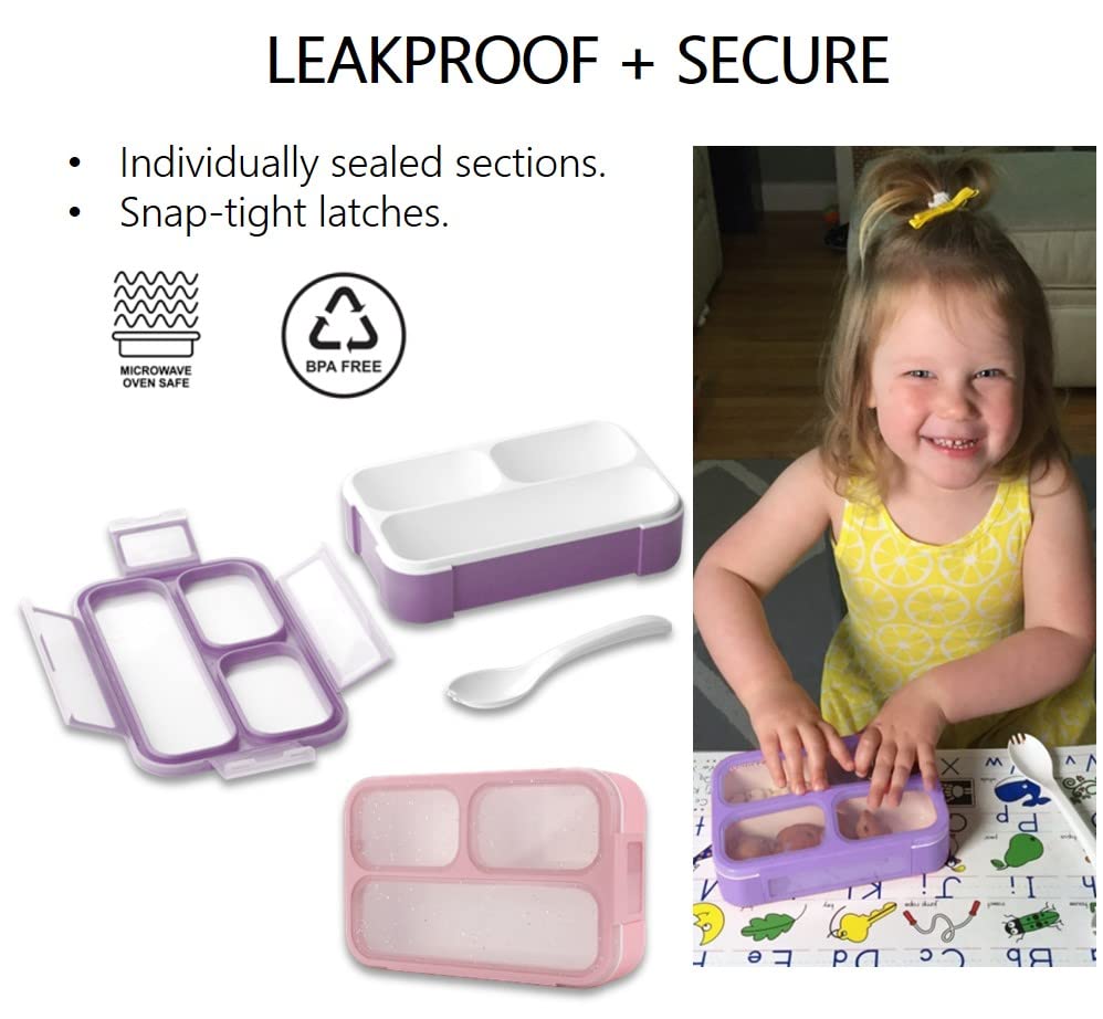 **Glitter Snack Containers for Kids - 3-Compartment Mini Bento Lunch Box Set of 2, Leakproof Toddler Food Storage for School & Daycare - Pink & Purple Sparkle Design (Perfect for Snacks, Lunches & On-the-Go Meals)**