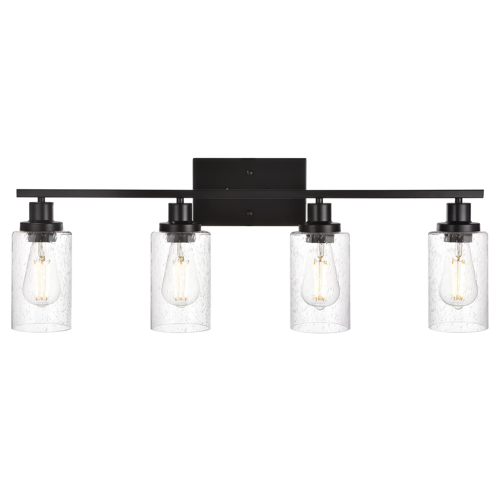MELUCEE 4-Light Matte Black Bathroom Vanity Light Fixture - Farmhouse Wall Mount Lighting with Seeded Glass Shade for Mirror, Bedroom, Living Room & Hallway - Perfect for Modern and Rustic Home Decor