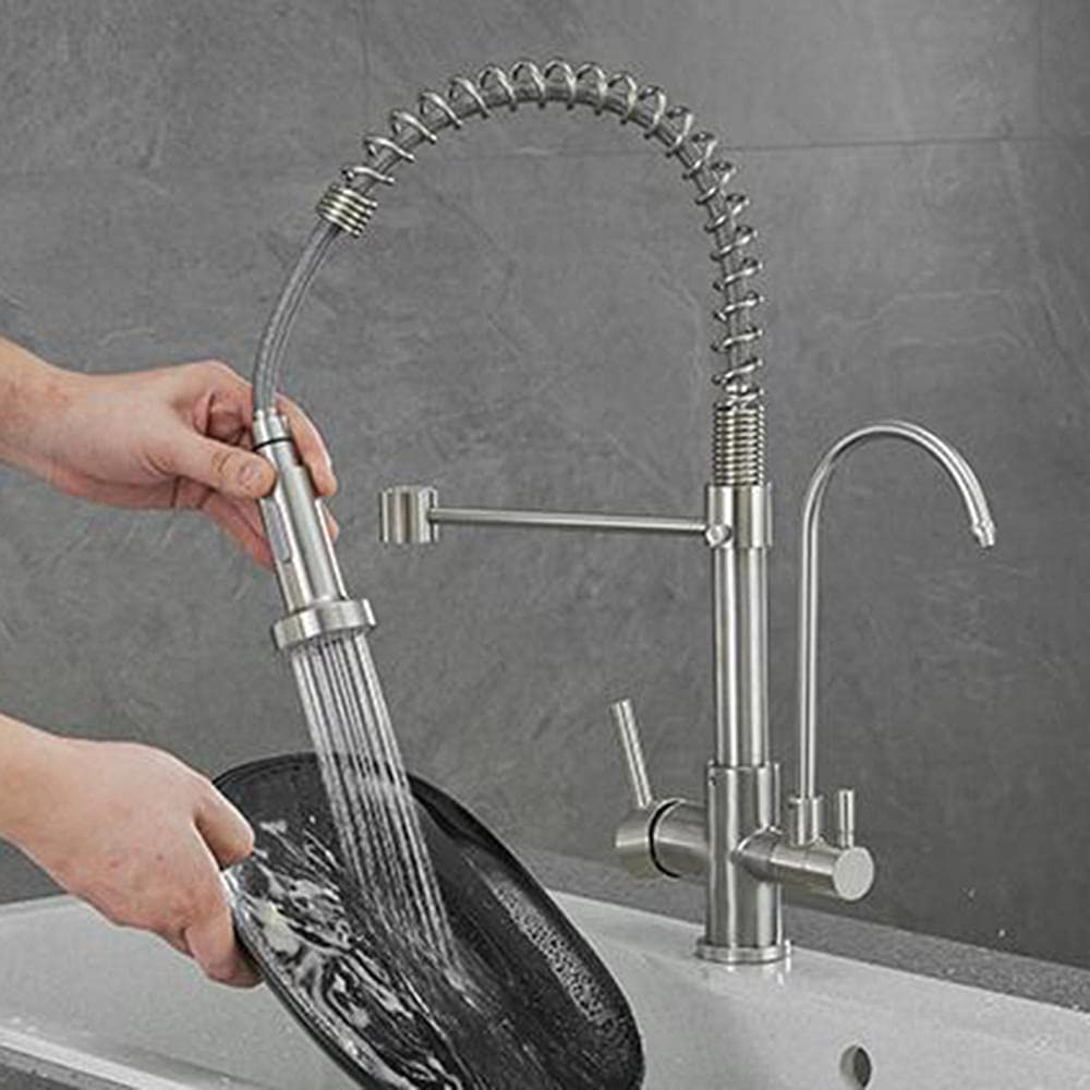 3-in-1 Pull Down Kitchen Faucet with Brushed Nickel Finish, 360° Swivel Sprayer & Built-in Water Filter - Hot/Cold Water Mixer Tap for Drinking, Cooking & Dishwashing - Perfect for Modern Kitchens & RVs