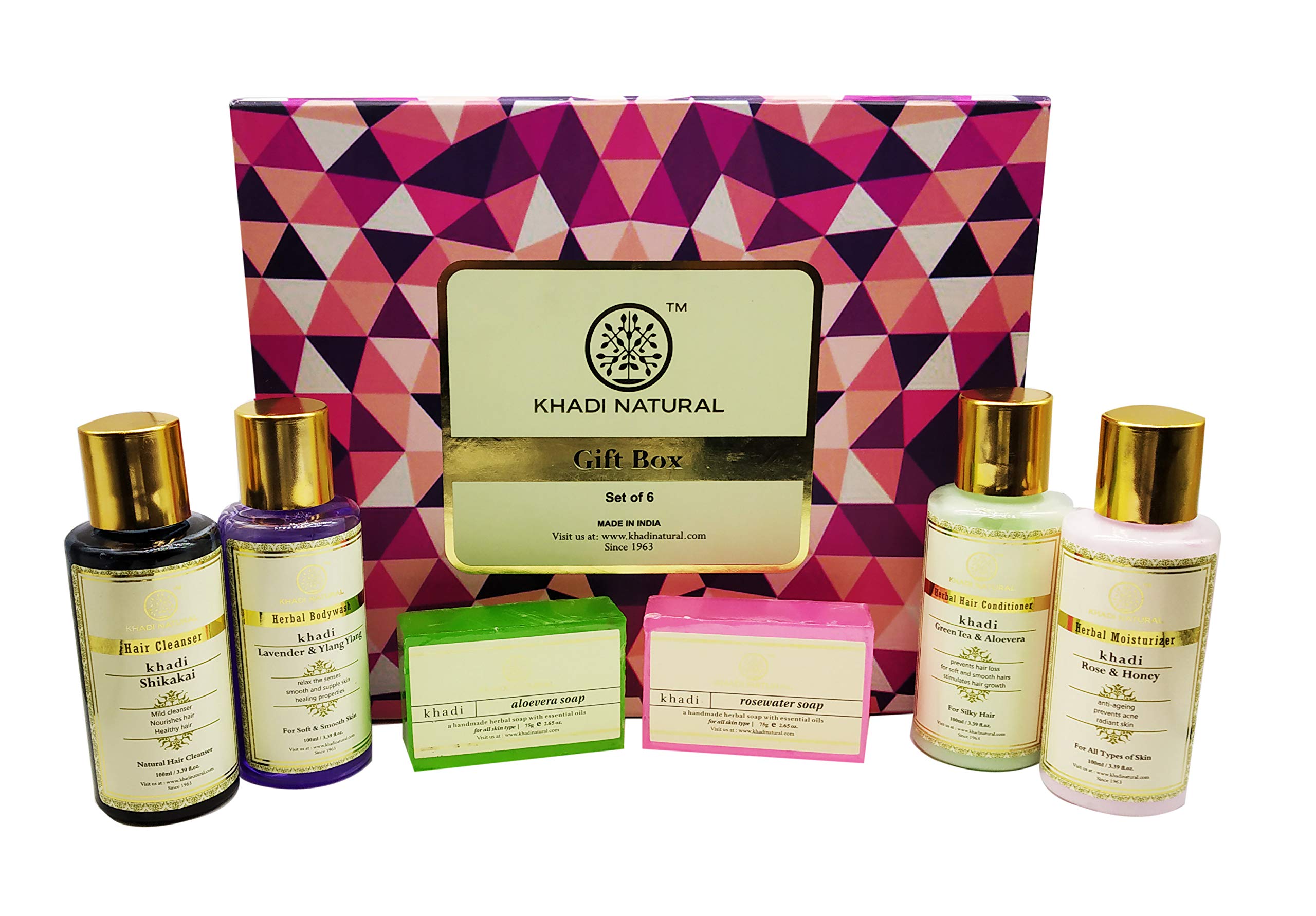 Khadi Natural Gift Box Set of 6 - Rose Water Soap, Aloe Vera Soap, Shikakai Cleanser, Green Tea & Aloe Vera Conditioner, Lavender & Ylang Ylang Body Wash, Rose & Honey Moisturizer for All Skin & Hair Types | Perfect for Spa Day, Self-Care Gifts & Ayurvedic Beauty Routine