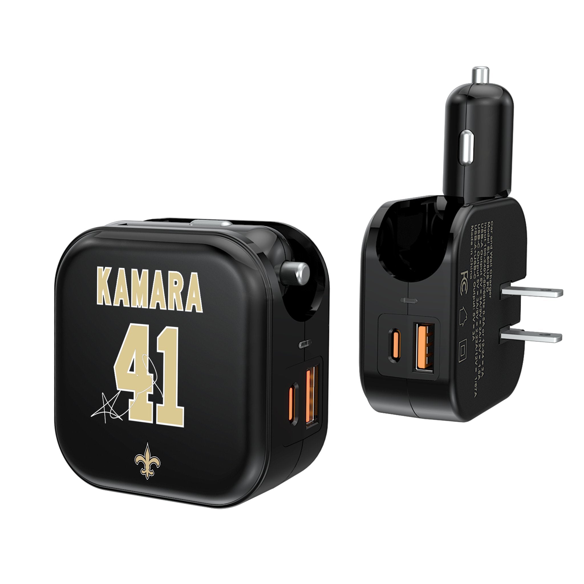 Alvin Kamara New Orleans Saints 41 Ready 2-in-1 USB & AC Charger - Fast Charging for iPhone, Android - Perfect for Home, Office & Travel